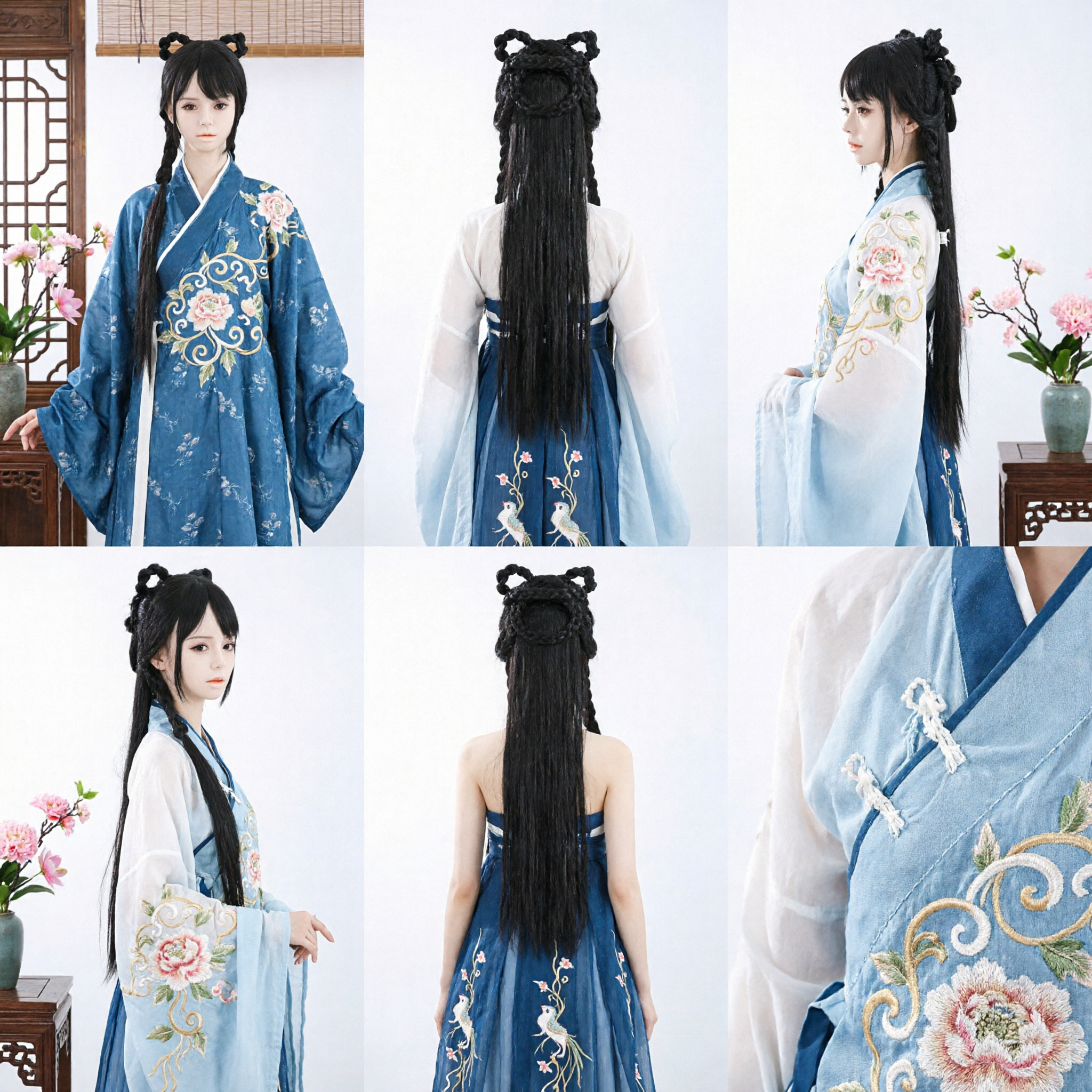 Peruca Preta Tradicional Antiga Chinesa com Tranças Longas e Dois Coques para Fantasia de Cosplay Hanfu - Asian Costume
