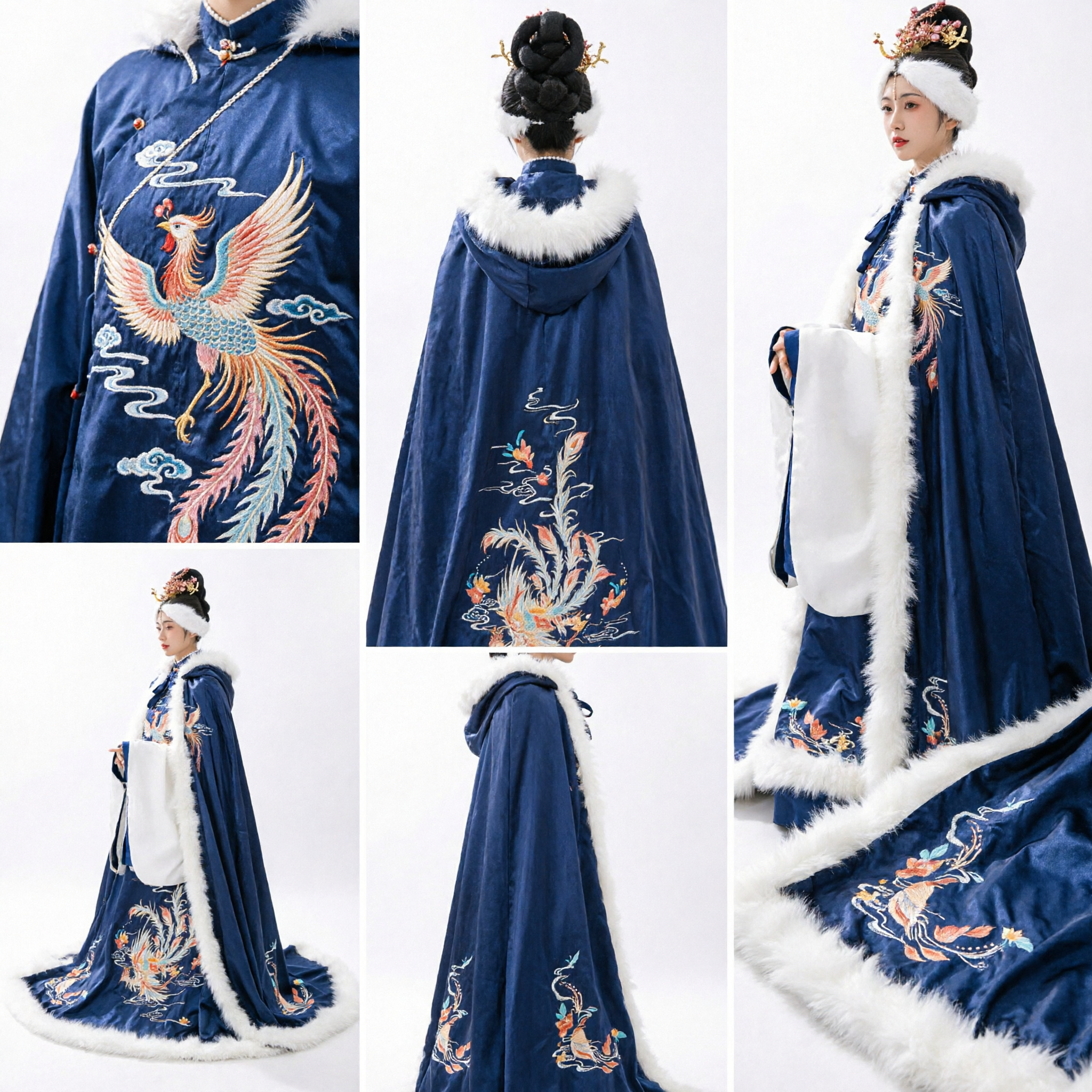 Traditionele Chinese Hanfu wintermantel marineblauwe fluwelen cape met witte bontafzetting en borduurwerk voor vrouwen - Asian Costume