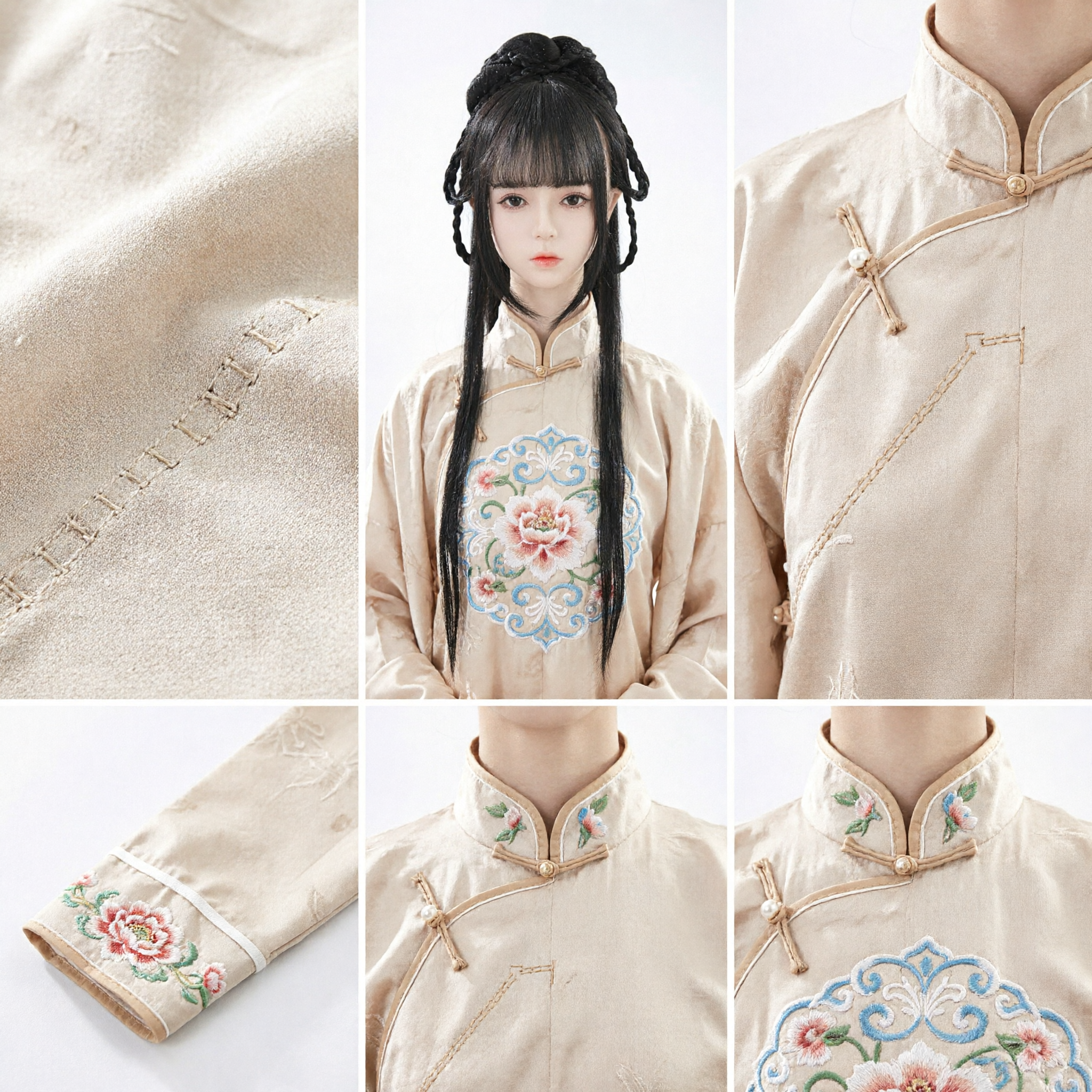 古代中国ハンフーウィッグ 黒髪ロングヘア三つ編みアップド 伝統的衣装コスプレアクセサリー 女性用 - Asian Costume