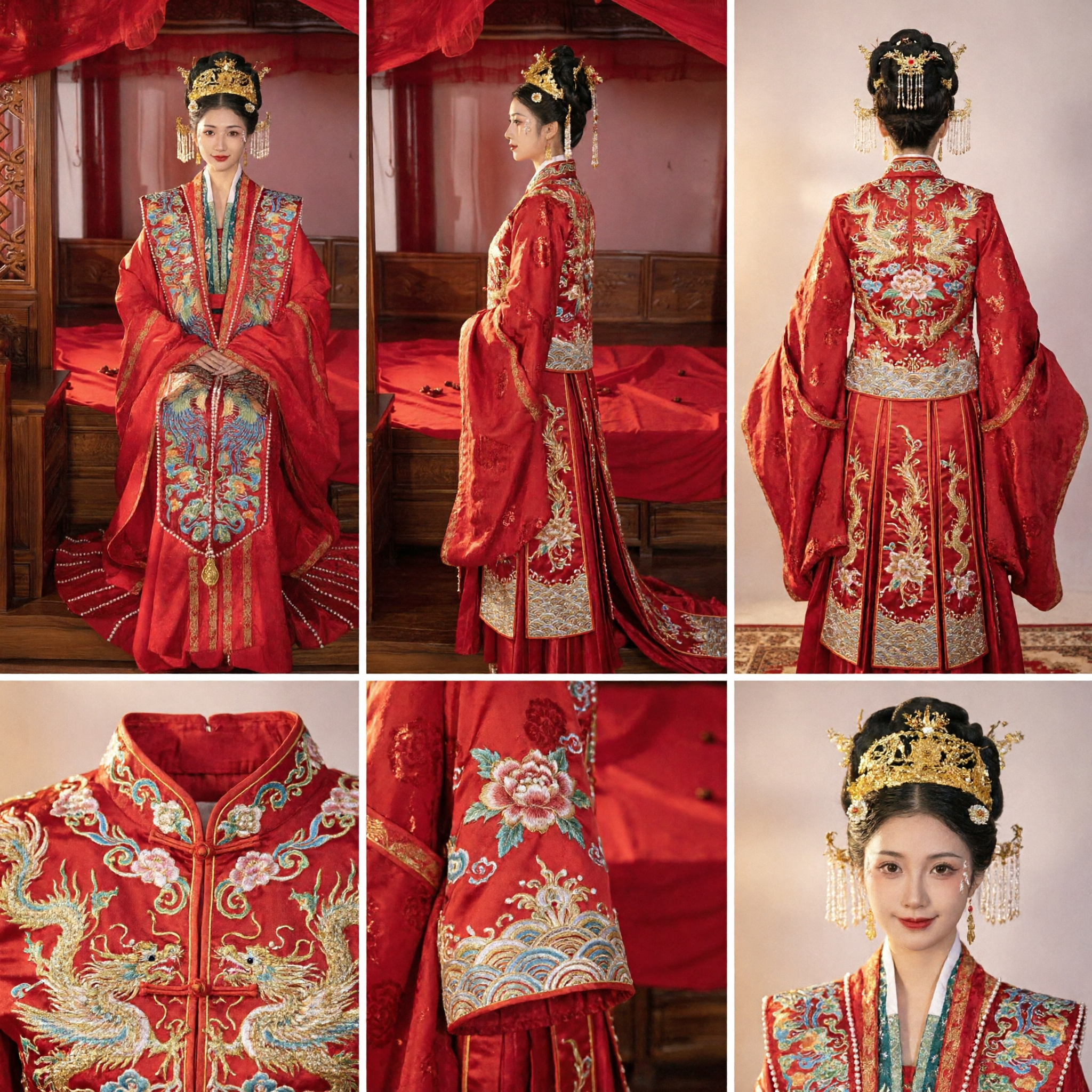 Vestido de Casamento Tradicional Chinês Hanfu Vermelho da Dinastia Ming Bordado de Fênix Conjunto Completo de Vestido de Noiva - Asian Costume