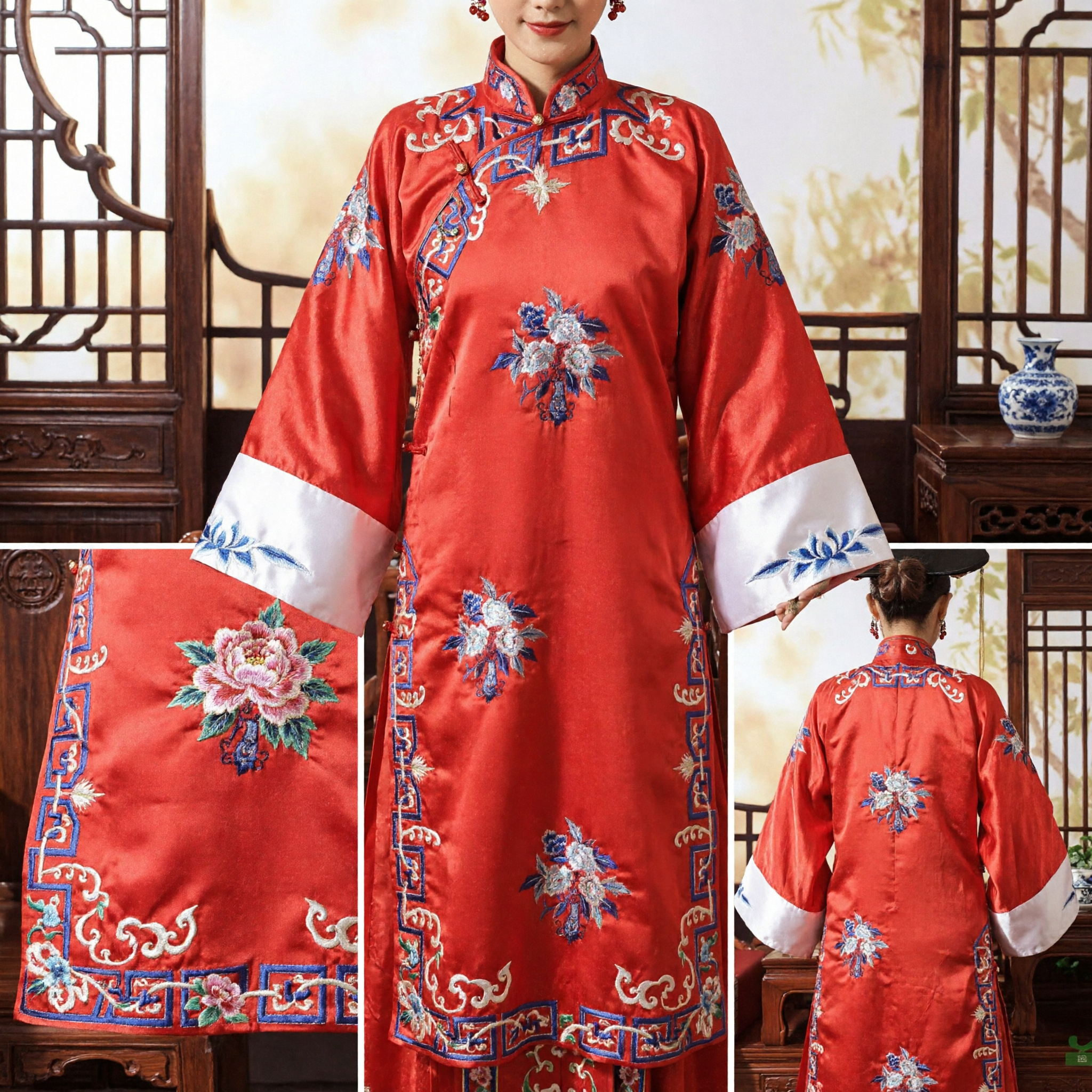 전통 중국 웨딩드레스 청나라 만주 공주 빨간색 자수 로브 고대 의상 신부용 - Asian Costume