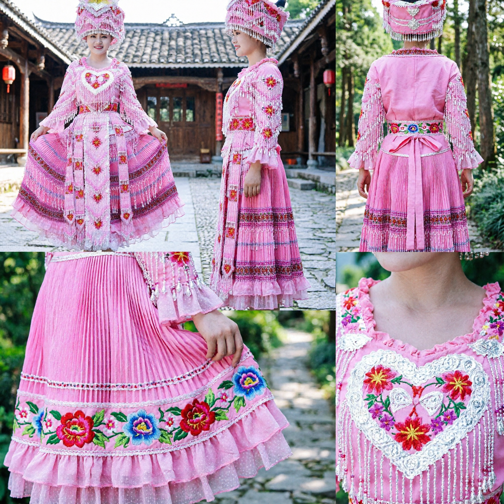 Traditionelles chinesisches Miao, rosa besticktes Kleid mit Perlenfransen und Kopfschmuck für Frauen-Volkstanzauftritte - Asian Costume