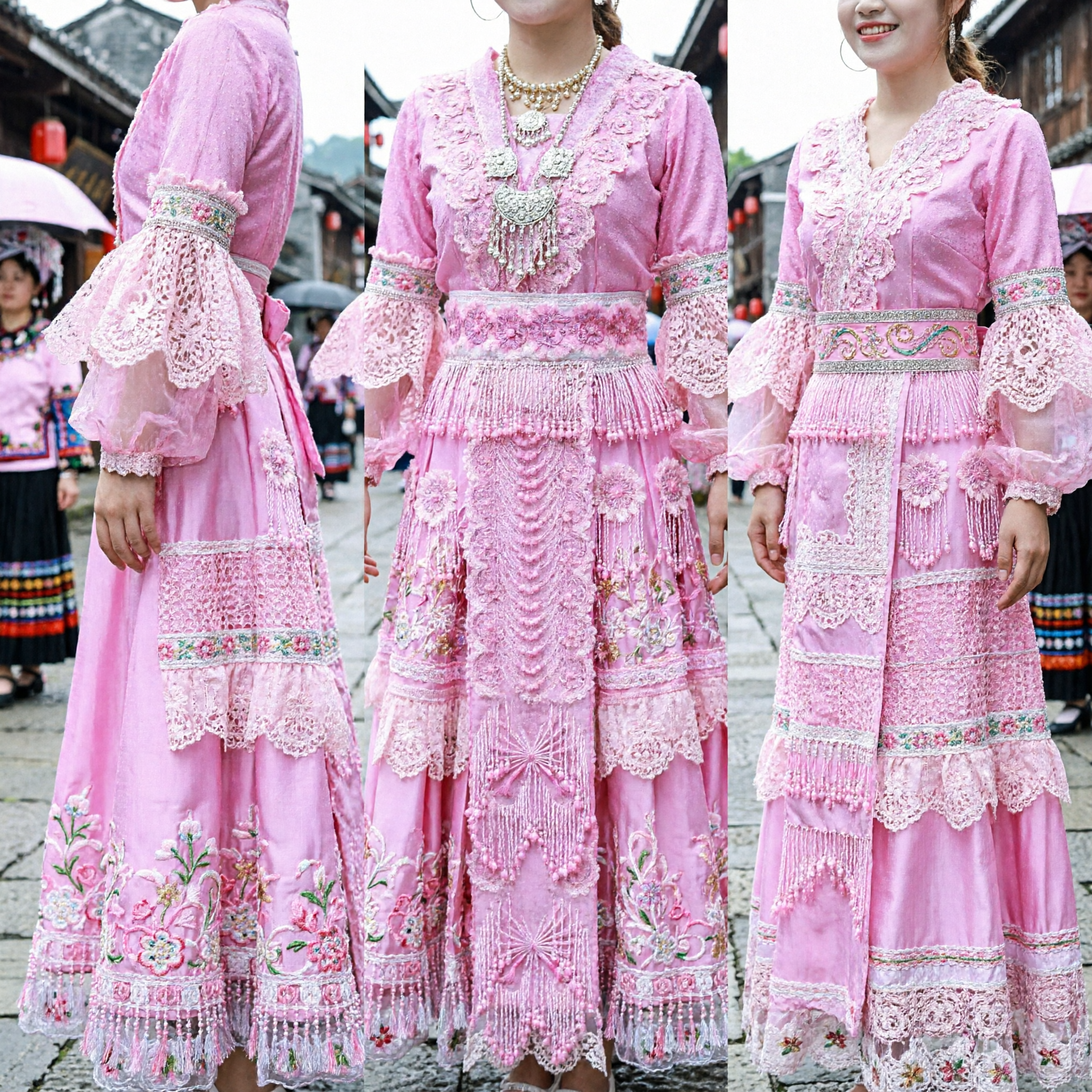 Traditionelles chinesisches Ethnien-Minderheiten rosa Tanzkostüm, besticktes Frauenkleid und Kopfschmuck-Set für Bühnenauftritte - Asian Costume