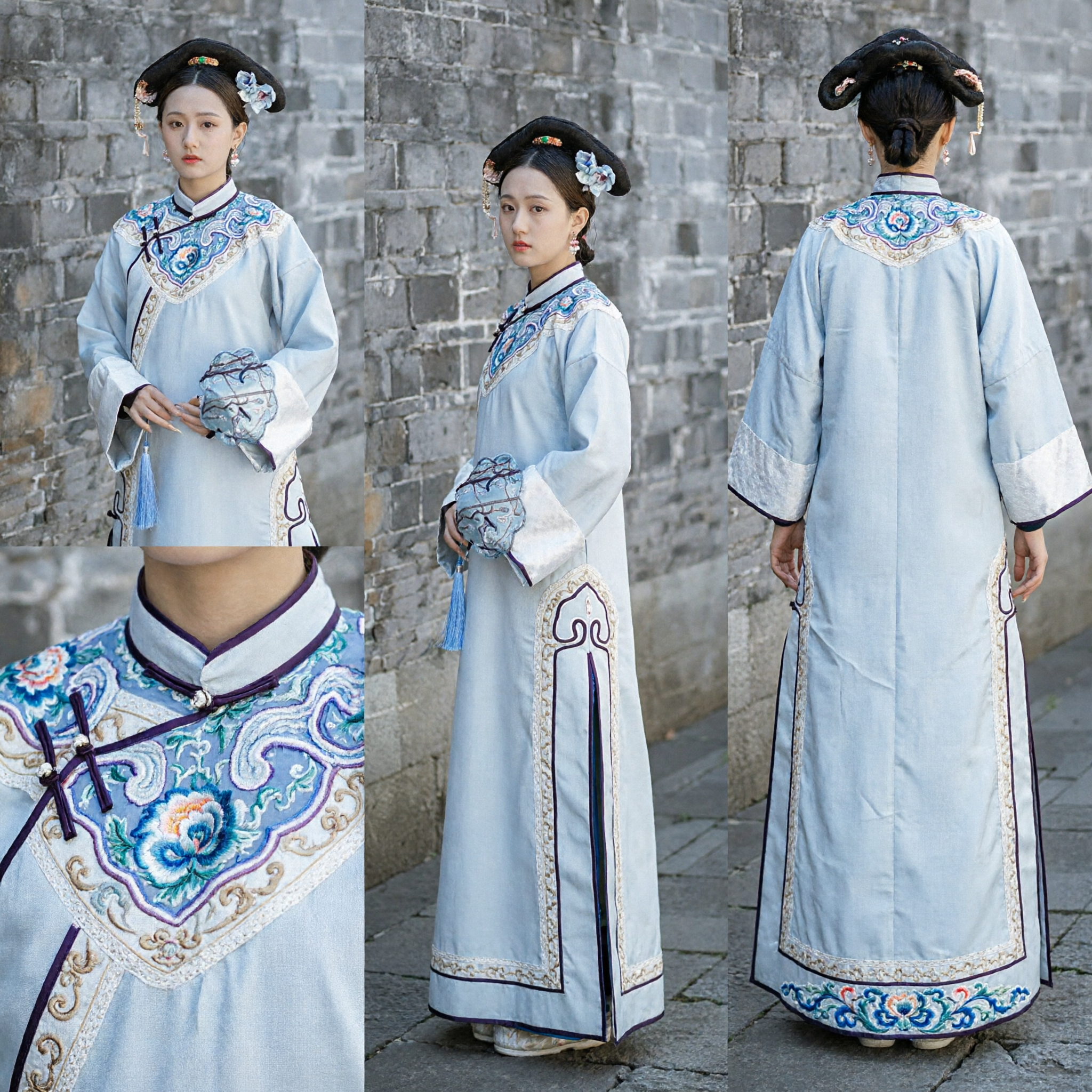 Traditioneel Chinese Qing-dynastie Manchu Adellijke Dame Kostuum Lichtblauw Geborduurde Gewaad voor Vrouwen Cosplay Podiumoptreden - Asian Costume
