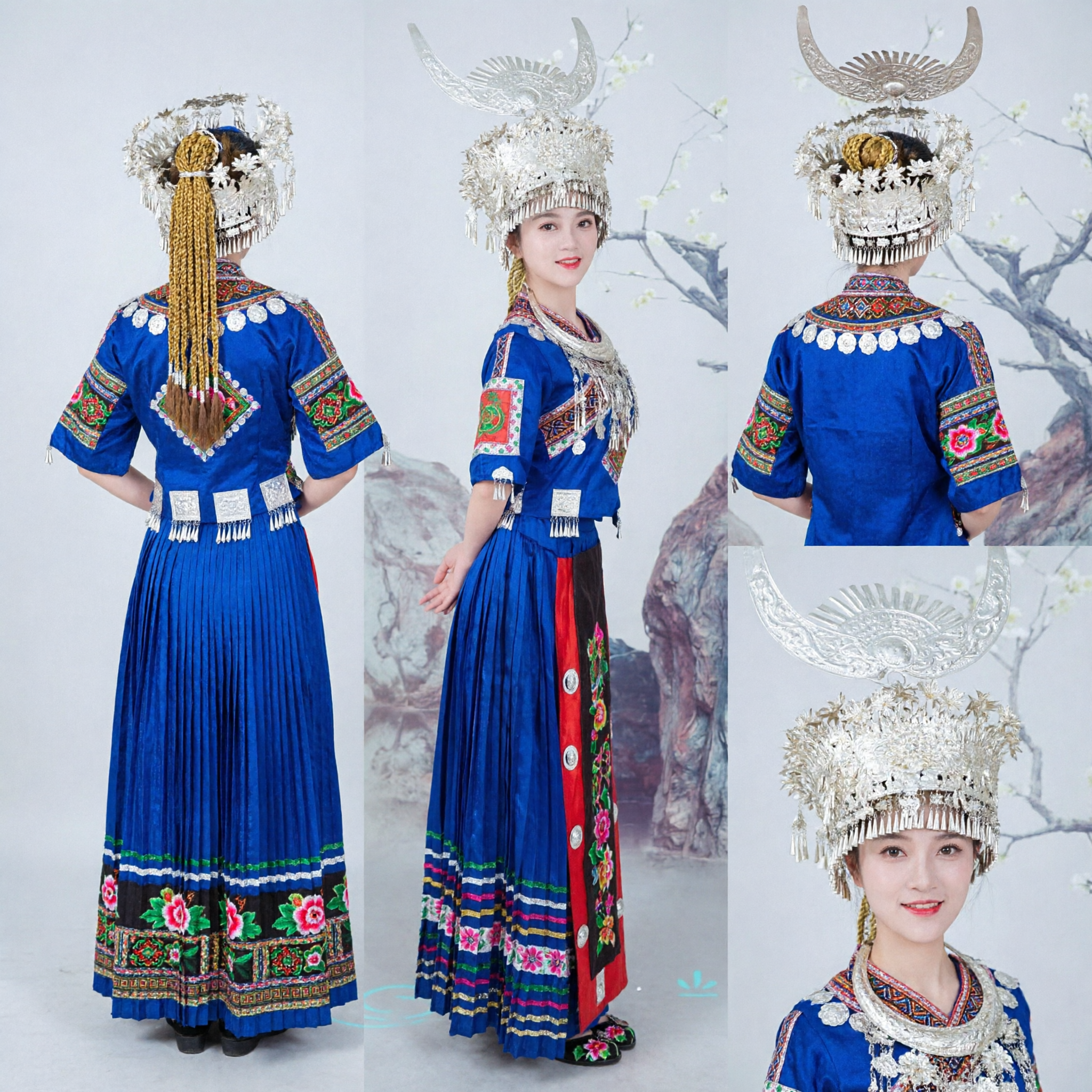 Traditional Chinese Miao Ethnic Blue Embroidered Dress with Silver Headdress for Women Folk Dance Performance - Asian Costume