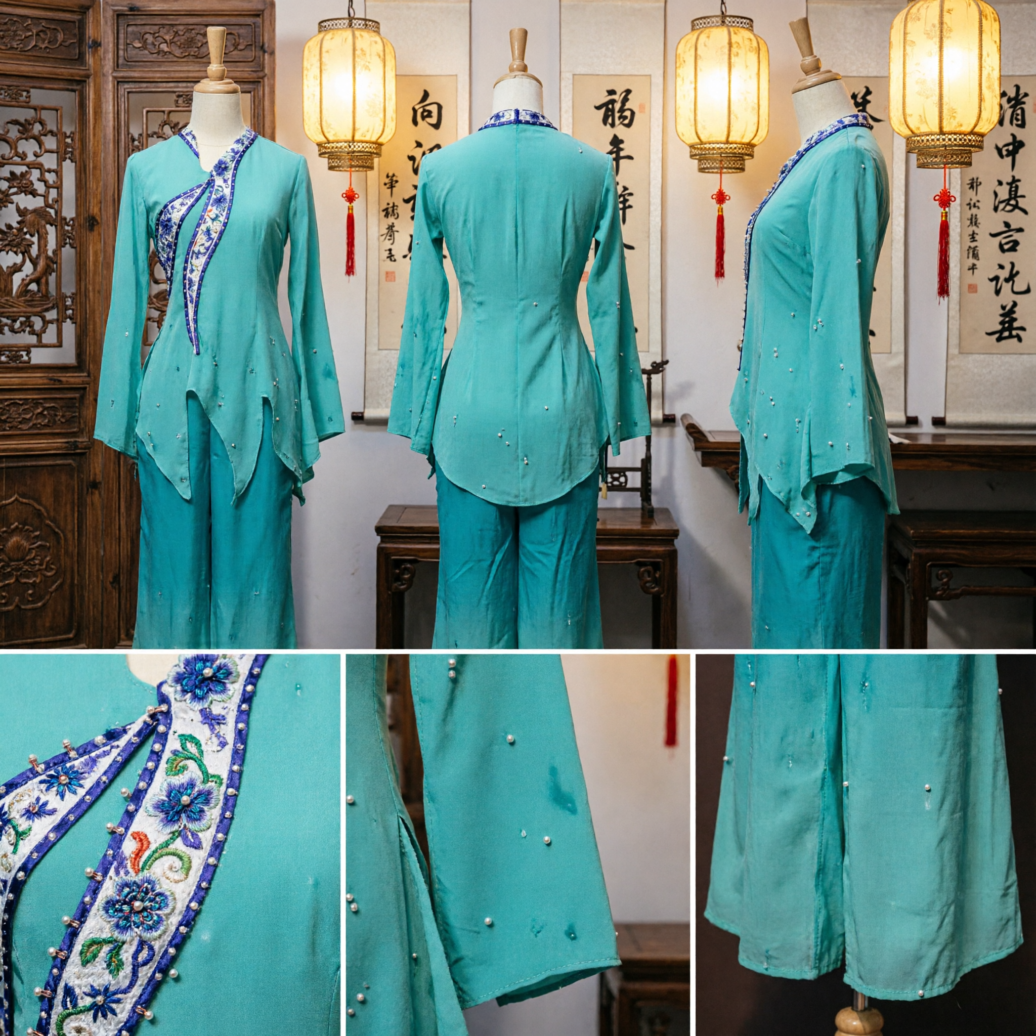 Vrouwen Turquoise Chinese Traditionele Folkloristische Dans Kostuum Yangge Podium Optreden Outfit met Geborduurde Kraag - Asian Costume