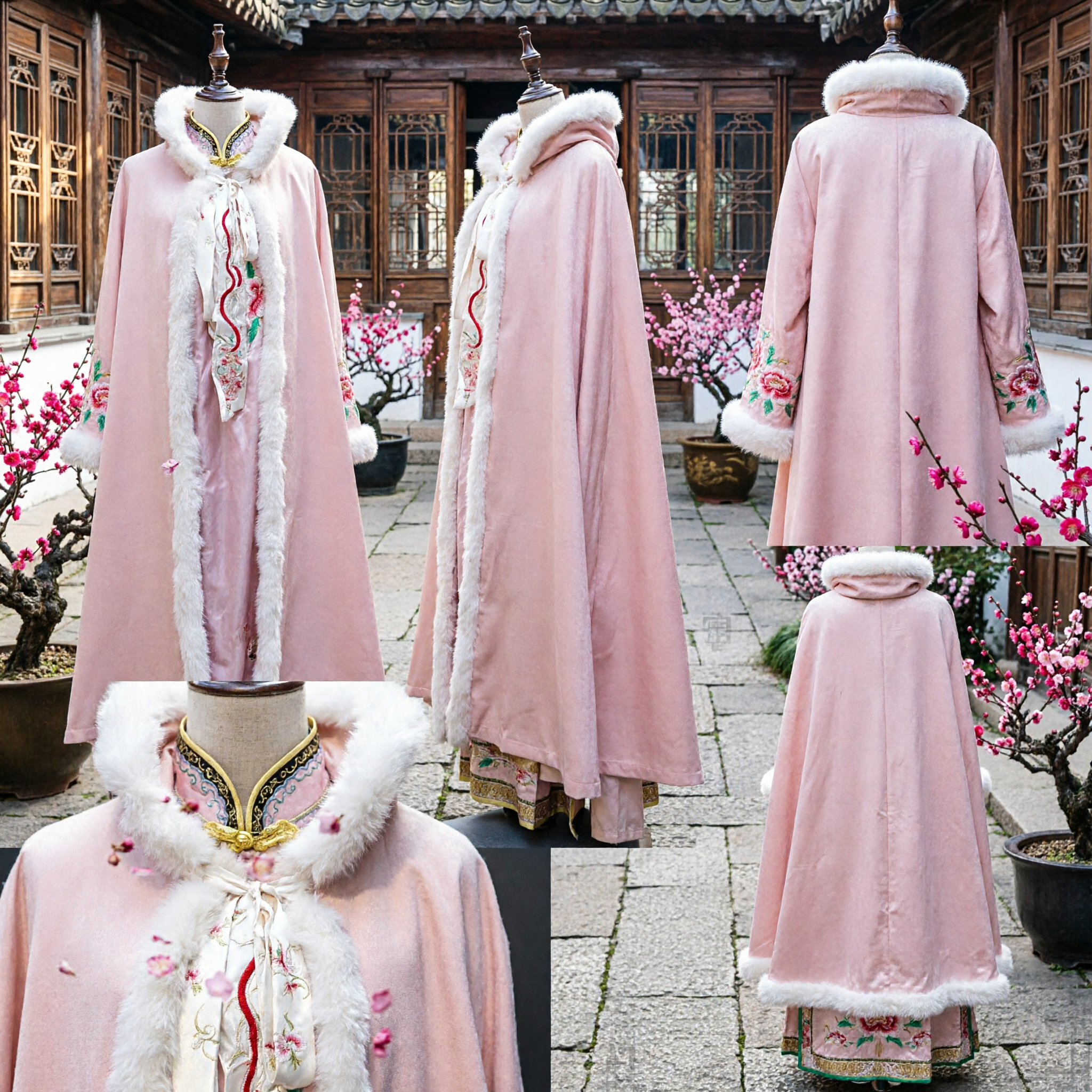 Mantello invernale rosa con bordi in pelliccia bianca, mantello Hanfu tradizionale cinese per cosplay femminile - Asian Costume