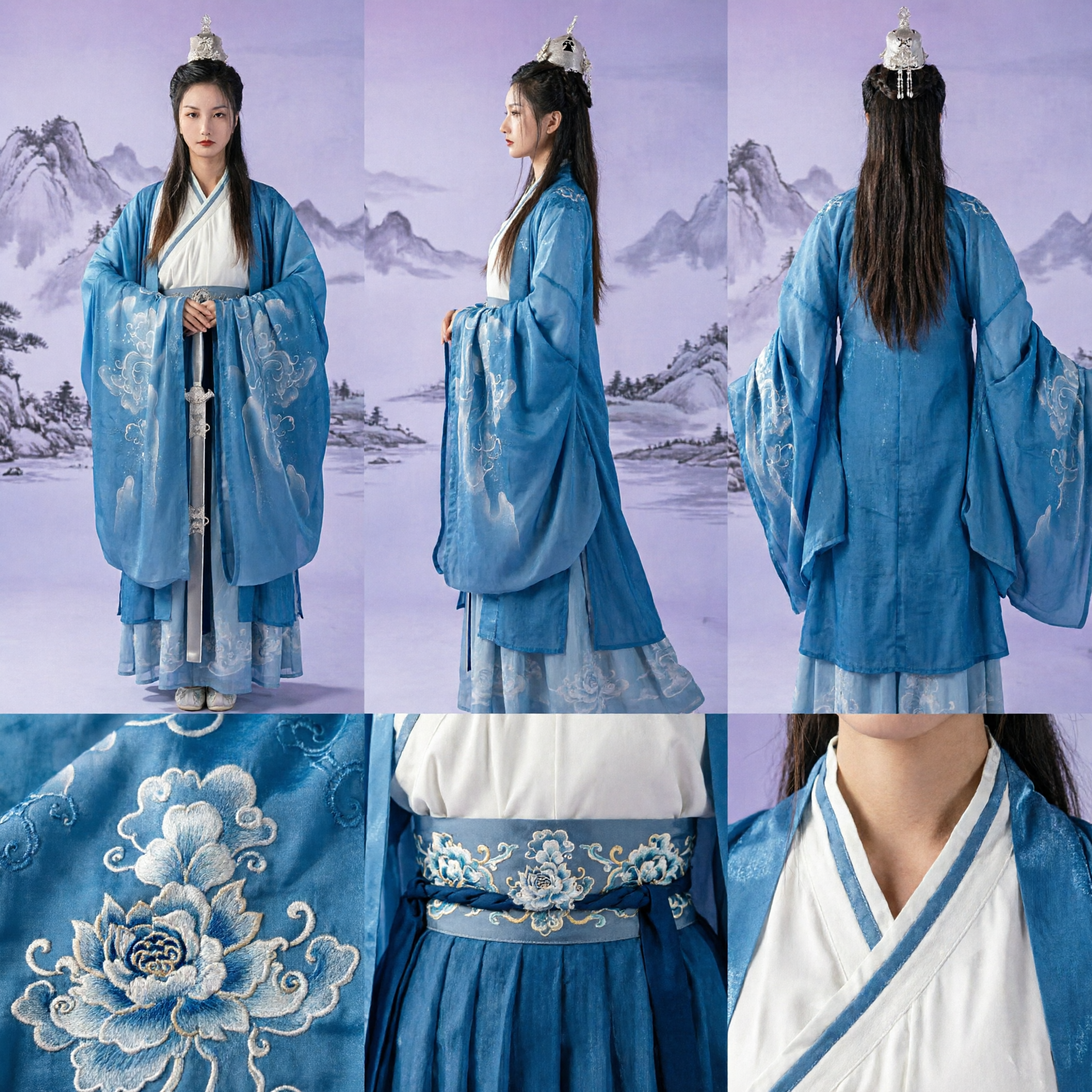 우아한 청색 중국 한푸 무협 여검사 의상 전통 고대 선녀 로브 여성 코스프레 - Asian Costume