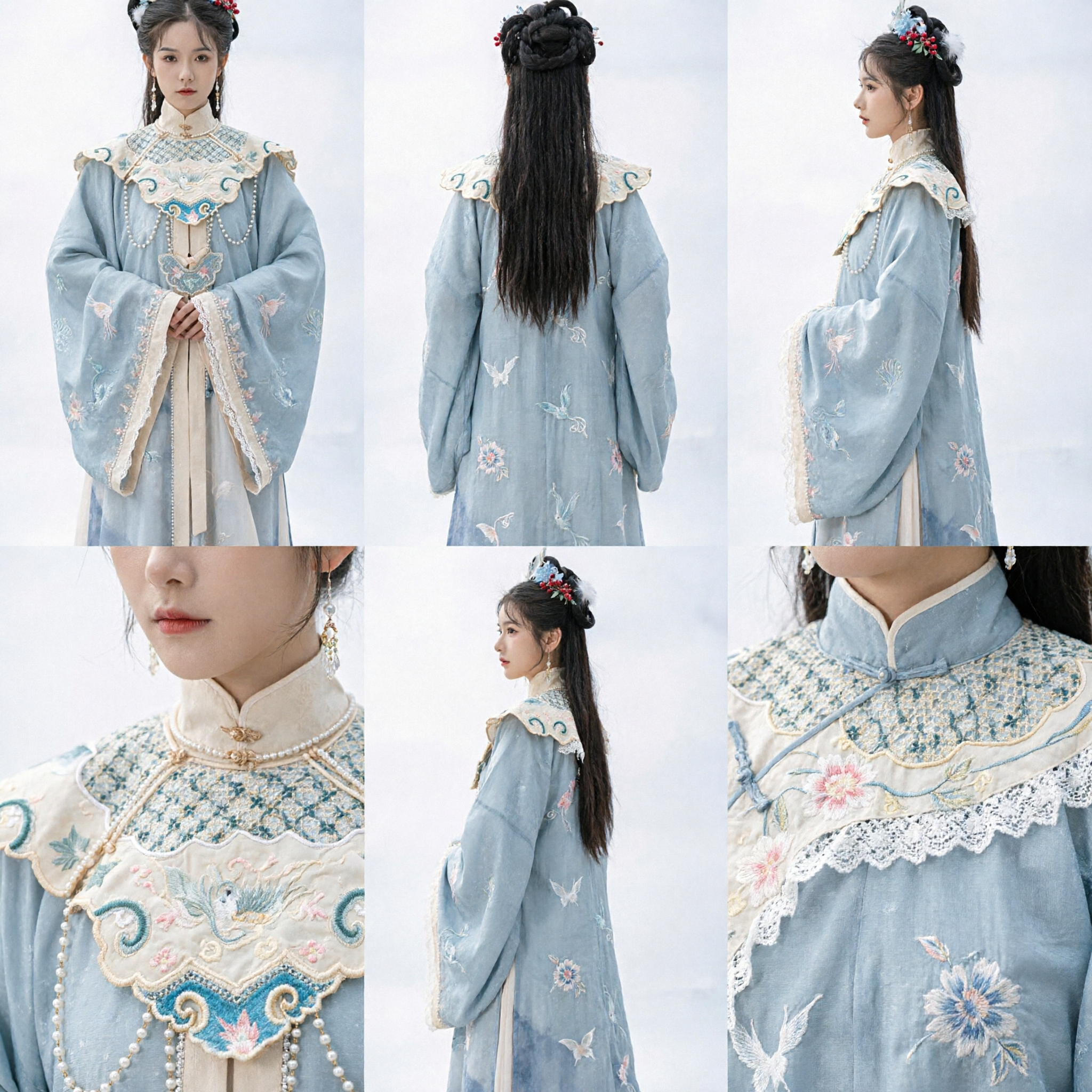 Hanfu Traditionnel Chinois Style Dynastie Ming Épaule Nuage Brodée Bleue Costume Ancien pour Femmes - Asian Costume