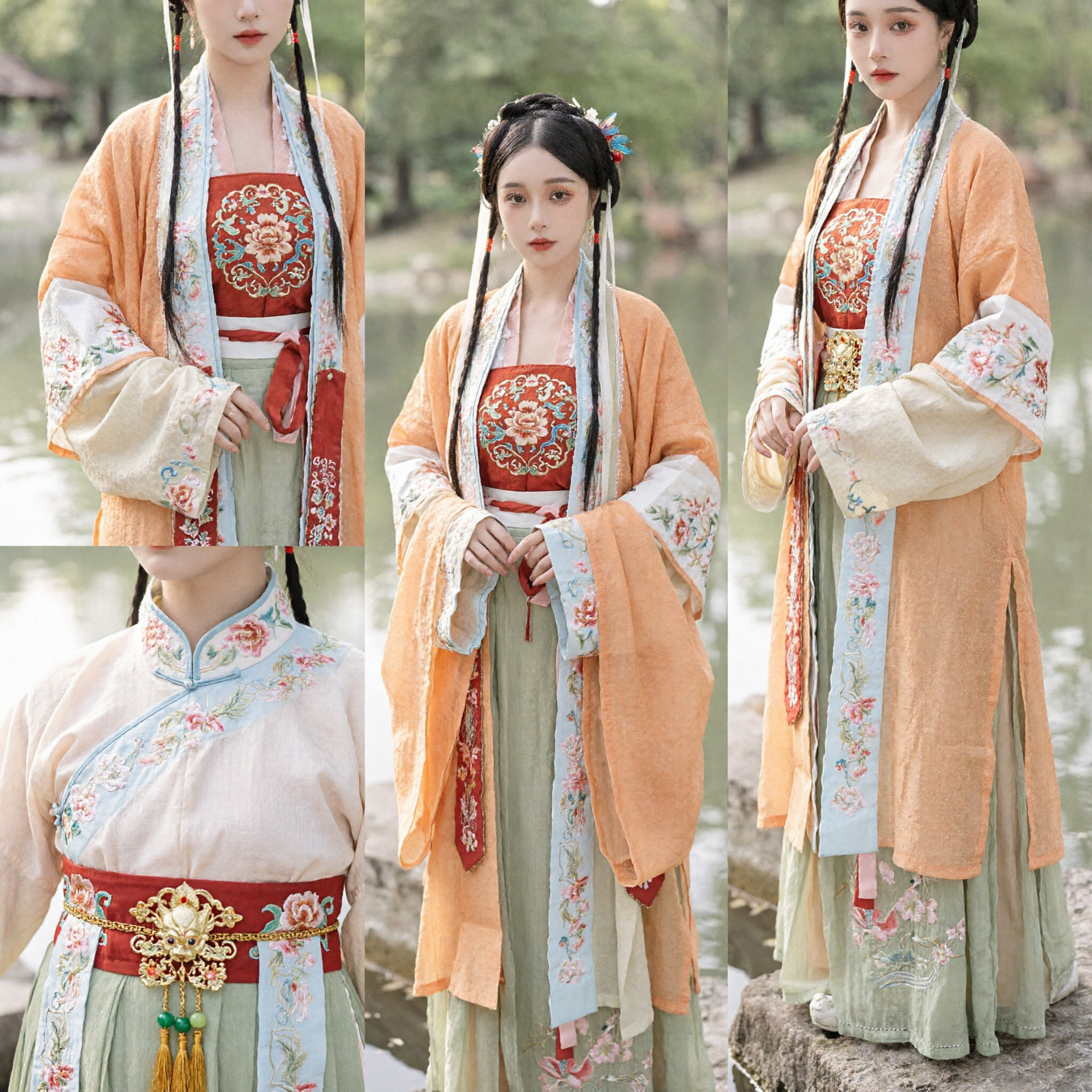 Conjunto Elegante de Hanfu Chinês Tradicional Antigo - Robe Pêssego e Saia Verde para Mulheres, Cosplay Histórico - Asian Costume