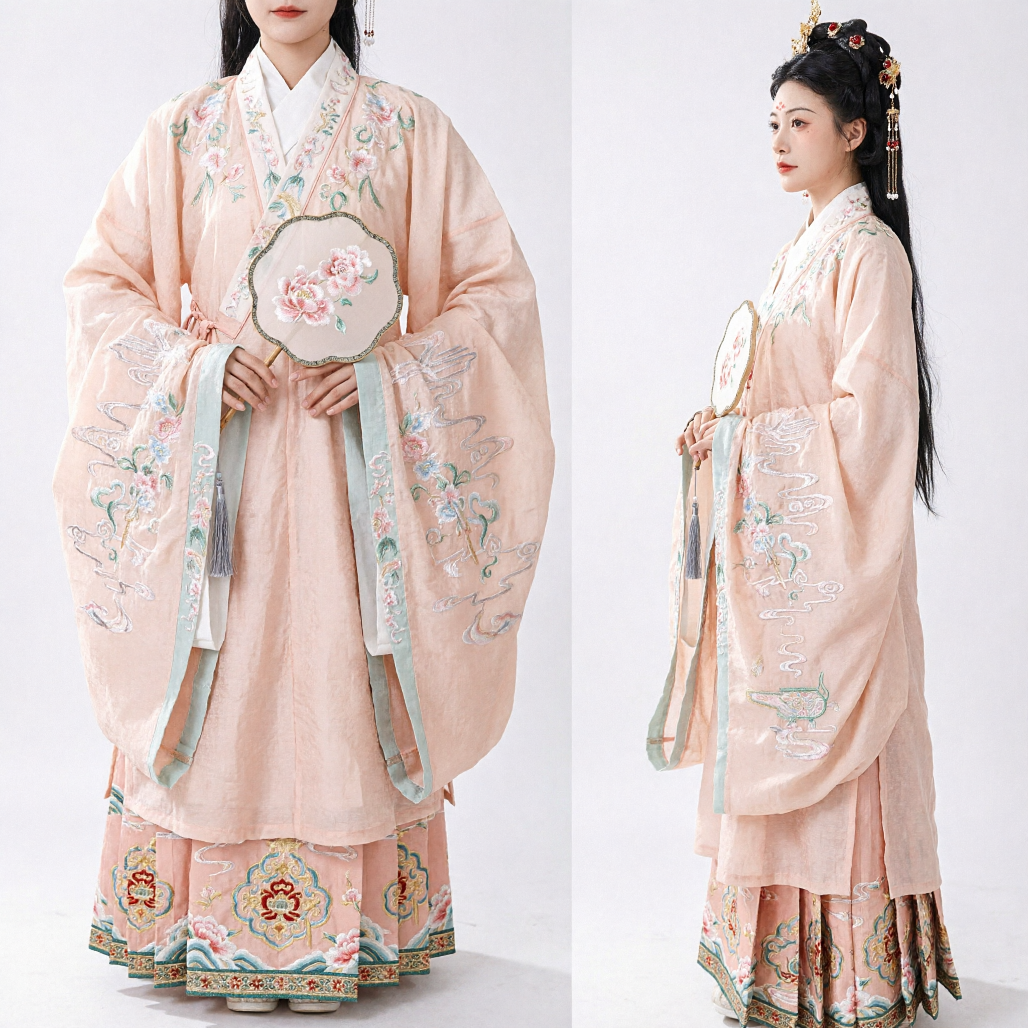 Tradycyjny chiński hanfu, starożytny brzoskwiniowo-różowy haftowany zestaw odzieży z dynastii Ming dla kobiet do cosplayu i fotografii - Asian Costume