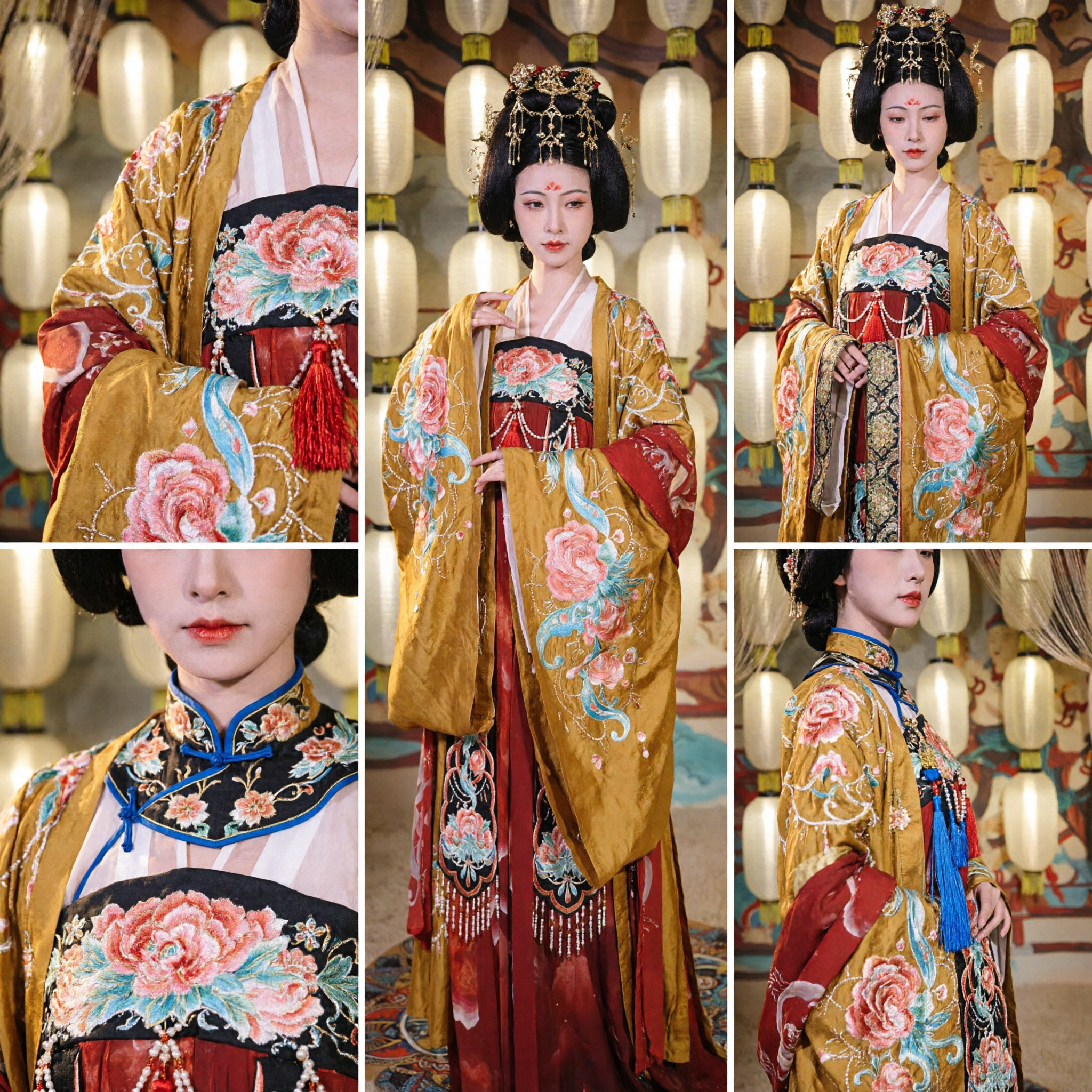 Traditionele Chinese Tang-dynastie Keizerin Hanfu Kostuum Gouden Bloemen Borduursel Paleisjurk voor Vrouwen Optreden - Asian Costume