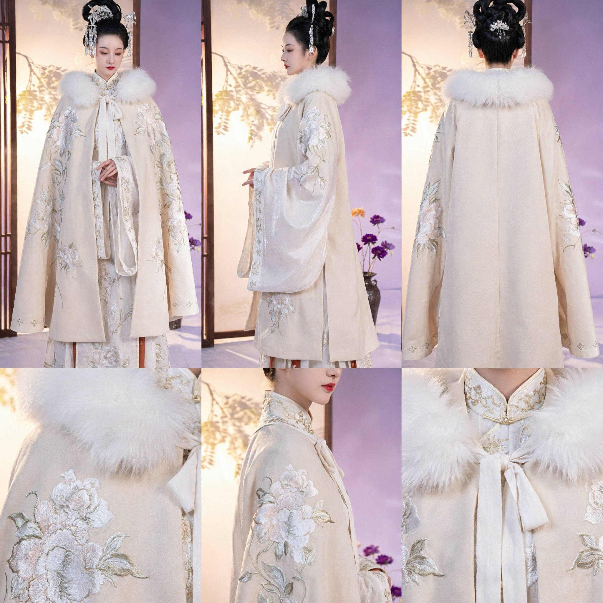 Traje Tradicional Chinês Hanfu Capa de Inverno Cor Creme Bordada com Gola de Pele Estilo Dinastia Ming para Mulheres - Asian Costume