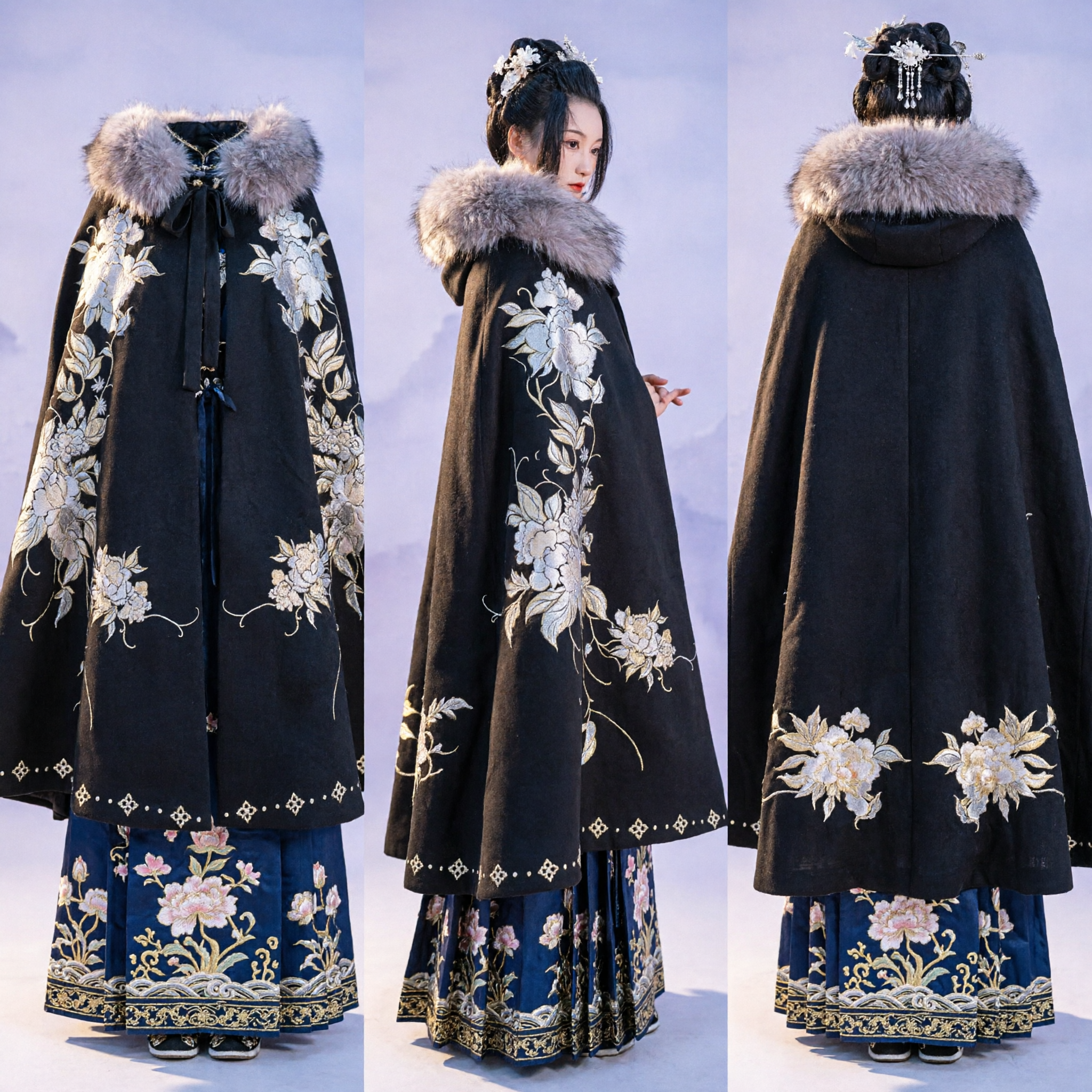 Traditionele Chinese Hanfu Zwarte Mantel met Bontkraag en Bloemenborduurwerk Winter Oud Kostuum voor Vrouwen - Asian Costume