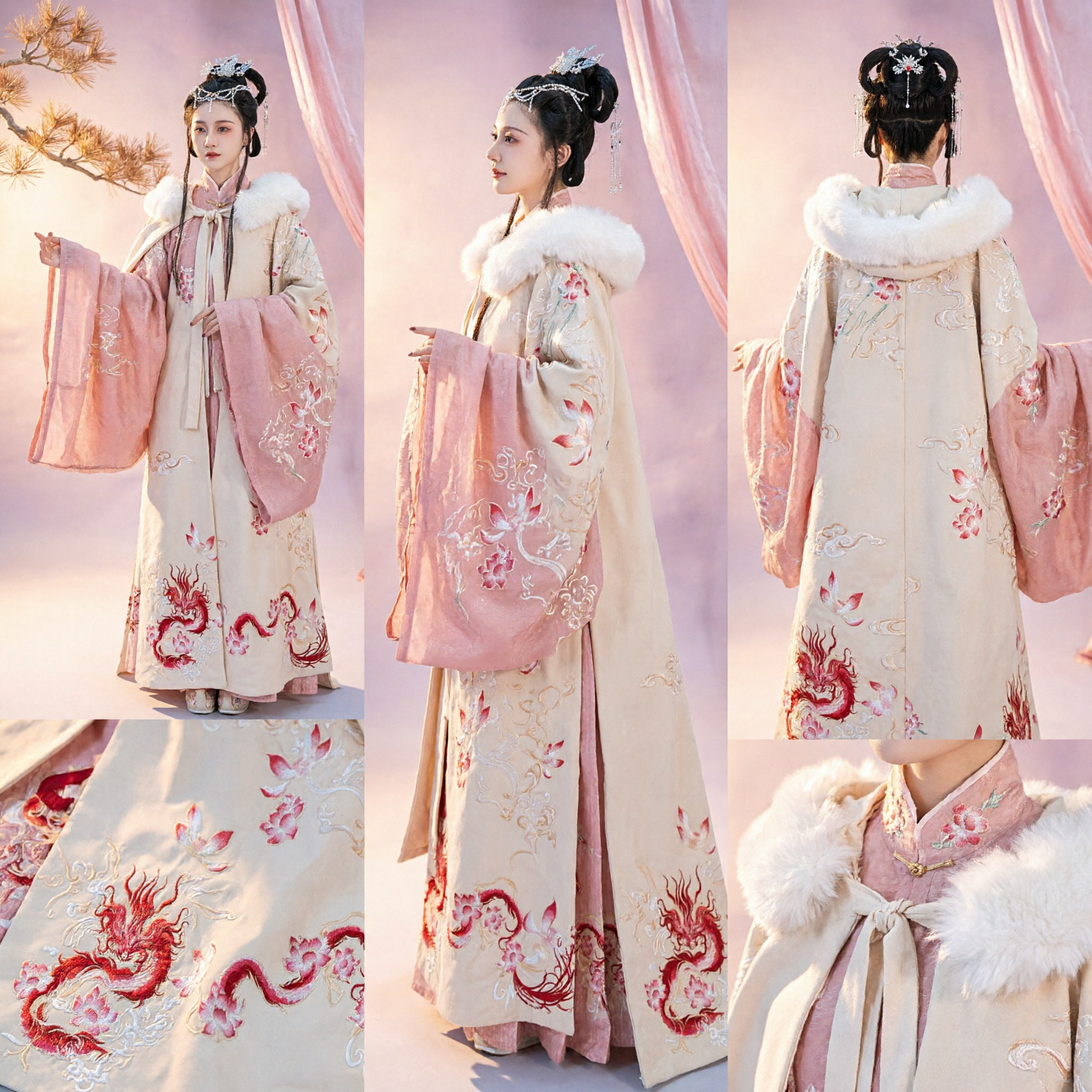 Elegante Chinese Hanfu Winter Mantel met Witte Bontkraag en Rode Draak Borduurwerk Traditionele Jurken voor Vrouwen - Asian Costume