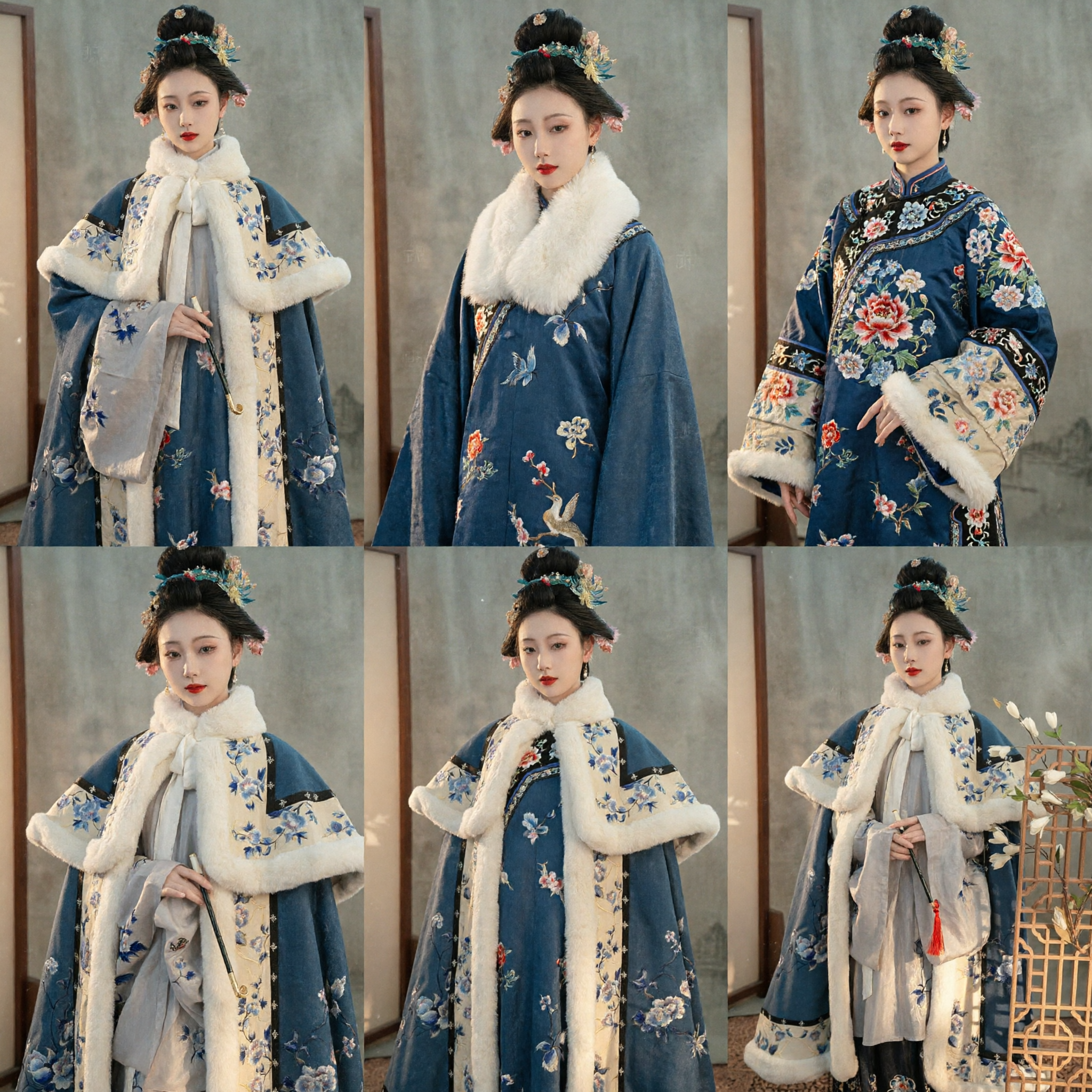 Cape d'hiver en fourrure Hanfu traditionnelle chinoise avec broderie florale bleue, manteau ancien pour femmes - Asian Costume