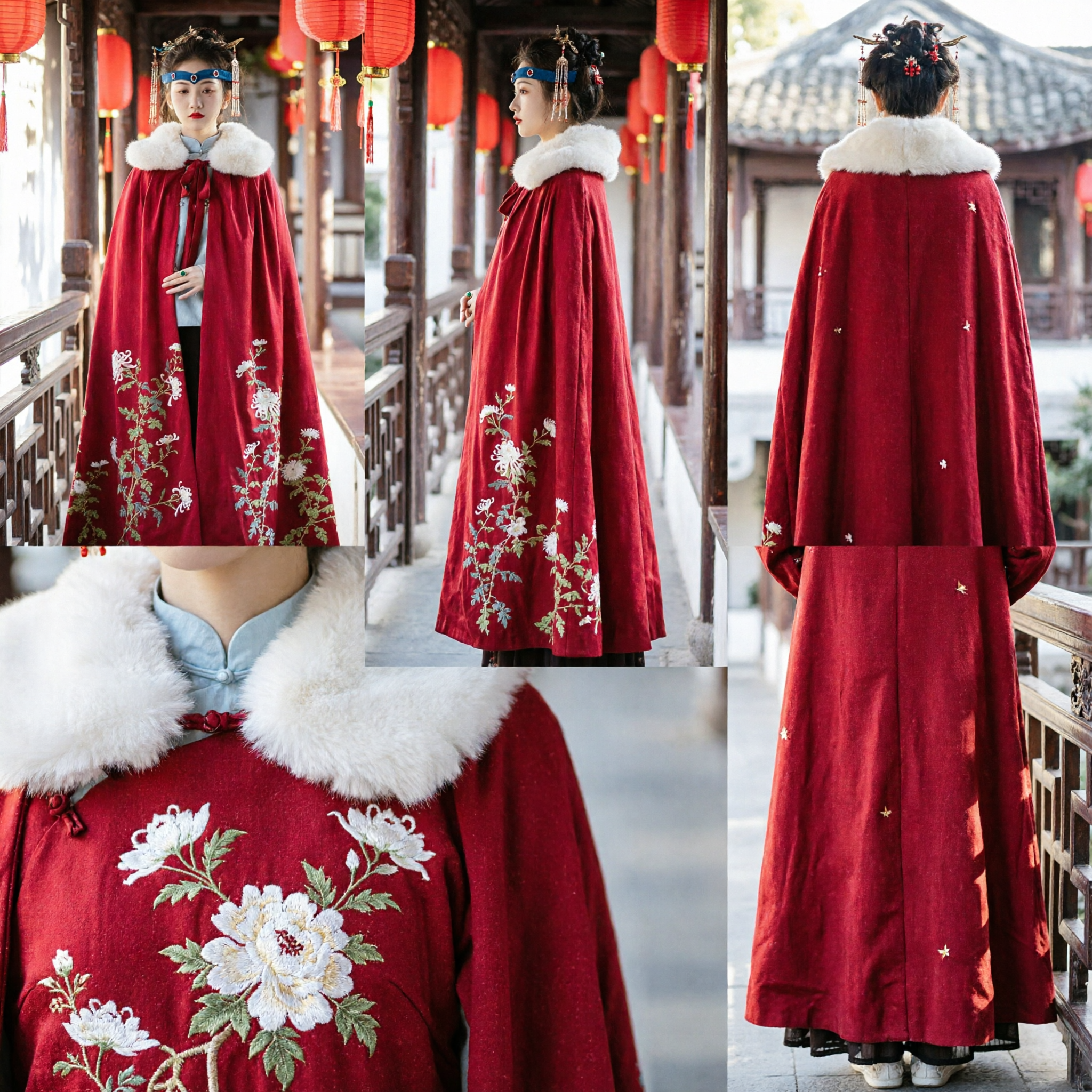 Rode Fluweel Hanfu Mantel met Kunstbontkraag en Bloemenborduurwerk, Traditionele Chinese Winter Banten voor Vrouwen - Asian Costume