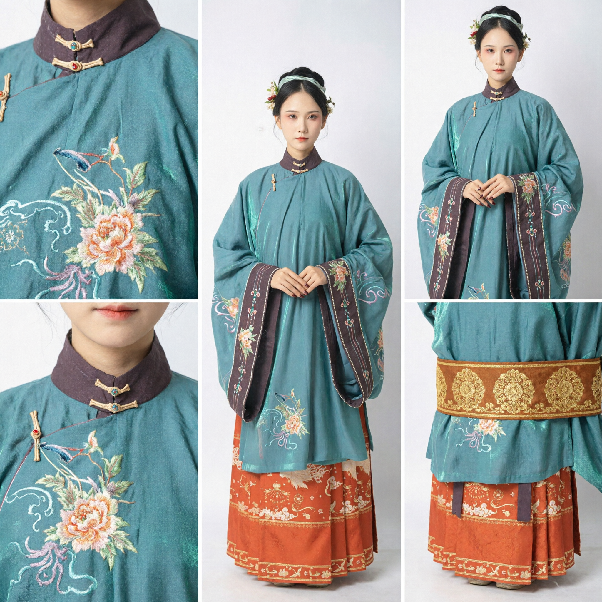 Elegant Traditioneel Chinese Hanfu Ming-dynastie Kostuum Blauwgroen Geborduurde Top en Oranje Mamianqun Rokset voor Vrouwen - Asian Costume