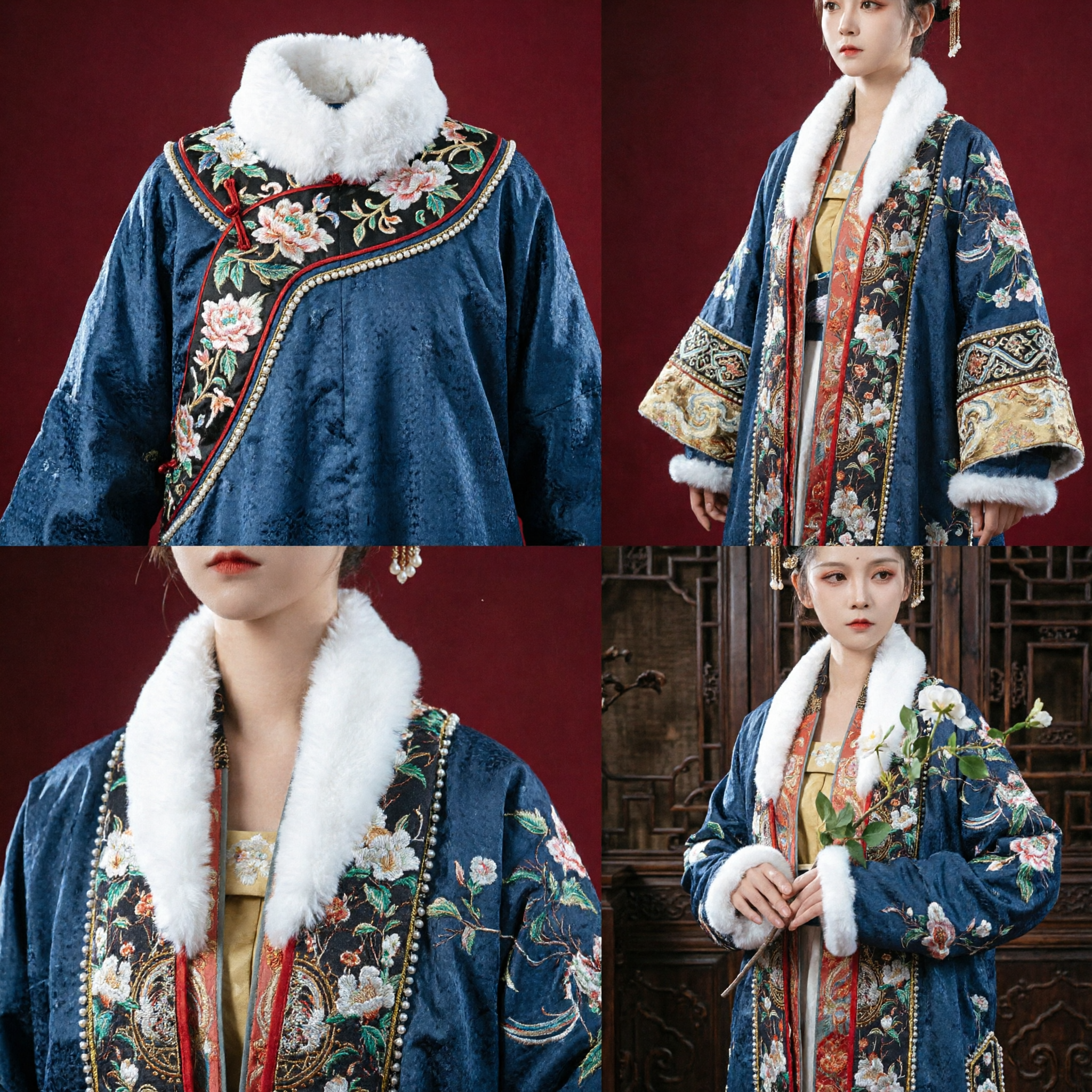 Manteau d'hiver Hanfu traditionnel chinois de la dynastie Ming, robe avec broderie florale bleue et col en fausse fourrure pour femmes - Asian Costume