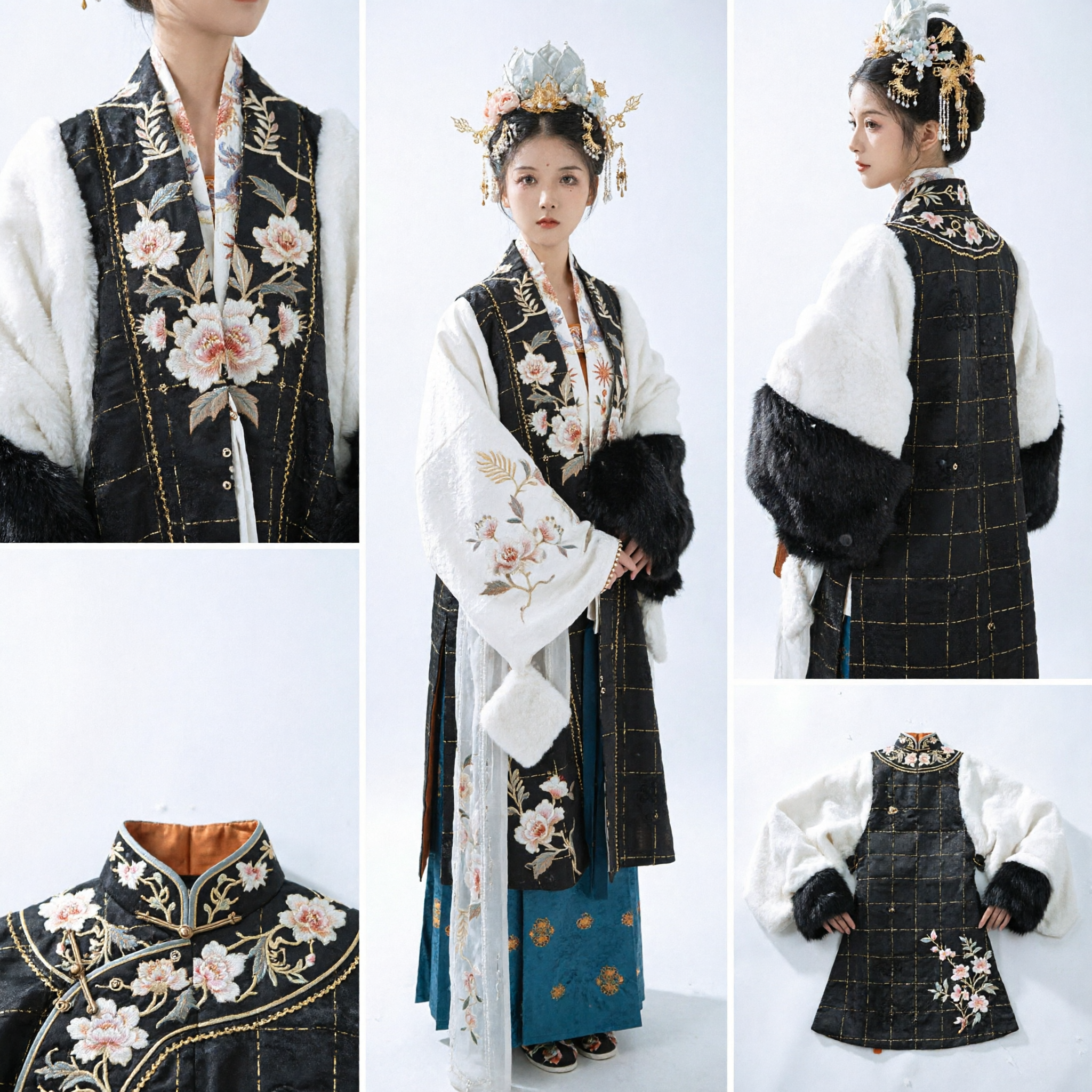 Costume d'hiver Hanfu traditionnel chinois de la dynastie Ming, ensemble gilet noir brodé floral et manteau en fourrure blanche pour femmes - Asian Costume
