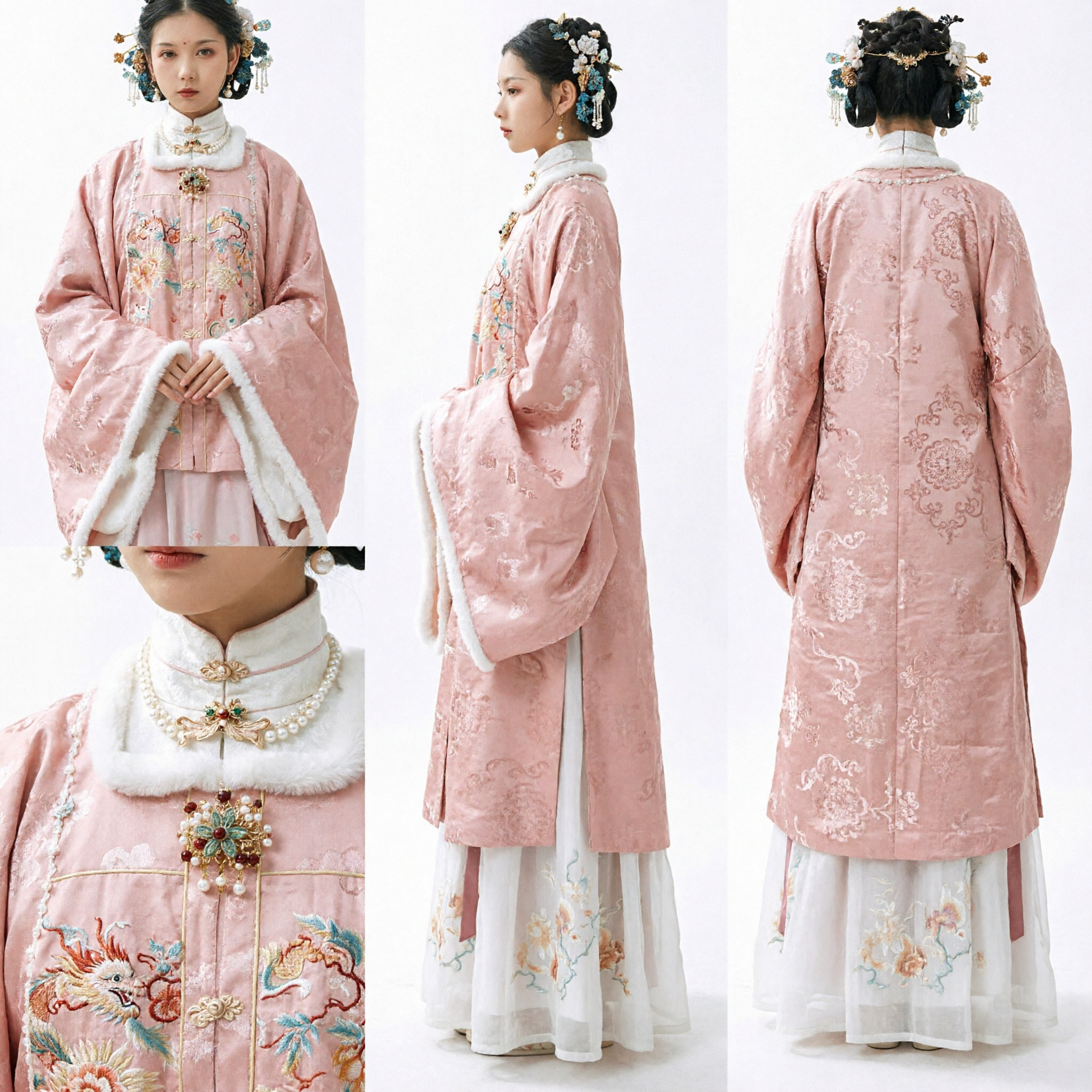 Traditionele Chinese Hanfu Ming-dynastie stijl Roze Winter Bontafzetting Geborduurde Mantel en Rokset voor Vrouwen - Asian Costume