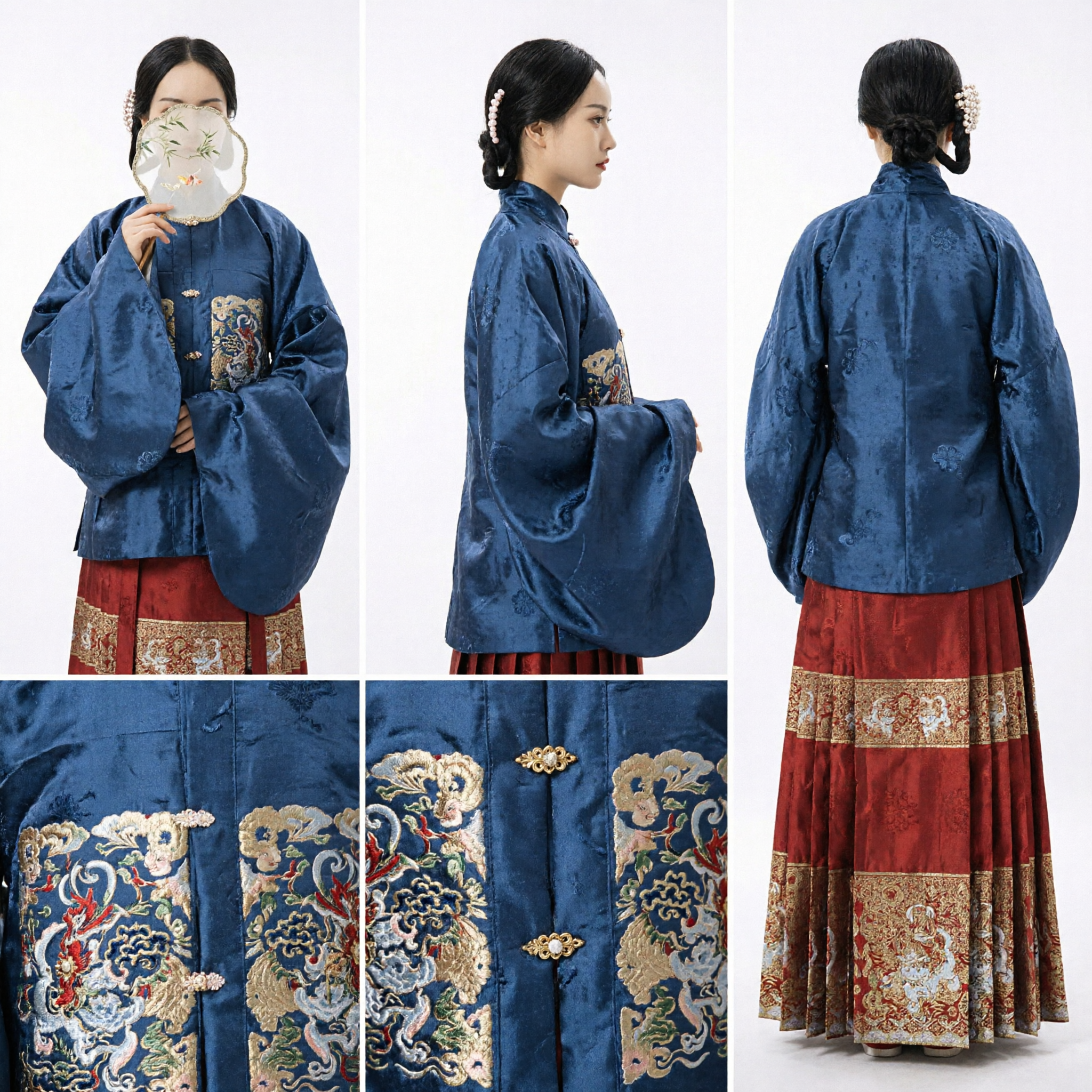 Traditional Chinese Ming Dynasty Hanfu Costume Set Blue Embroidered Jacket Red Brocade Mamianqun Skirt for Women - Asian Costume