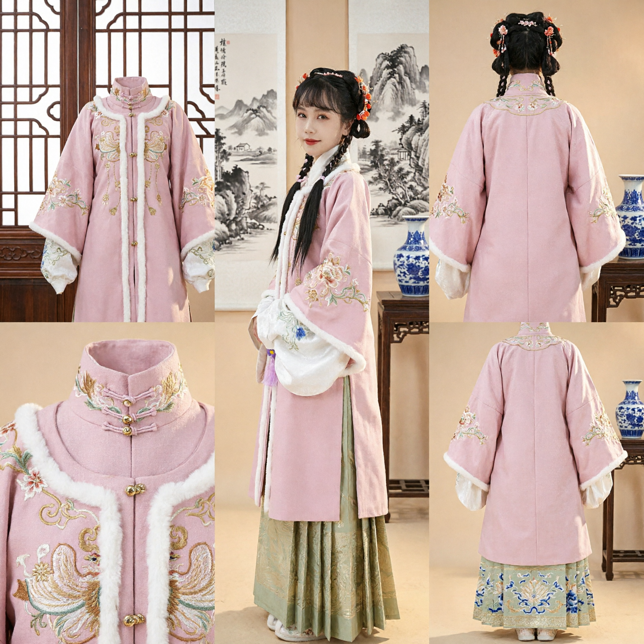 Roze Ming-dynastie Hanfu Winter Outfit Traditioneel Chinese Oud Geborduurd Bontafzetting Kostuum voor Vrouwen - Asian Costume