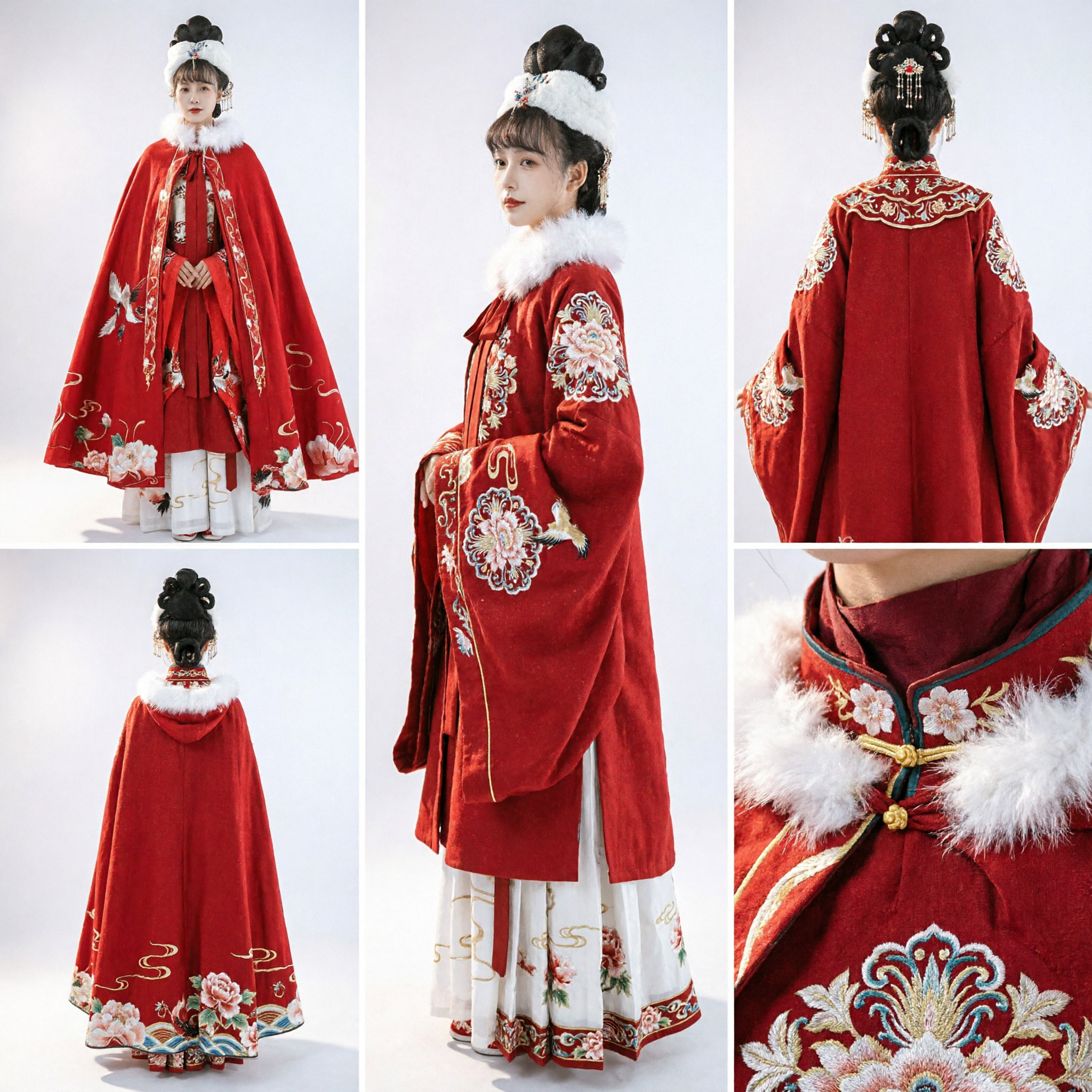 Capa de Inverno Vermelha Hanfu Chinesa Antiga com Gola de Pele Branca Traje de Capa Bordado para Mulheres - Asian Costume