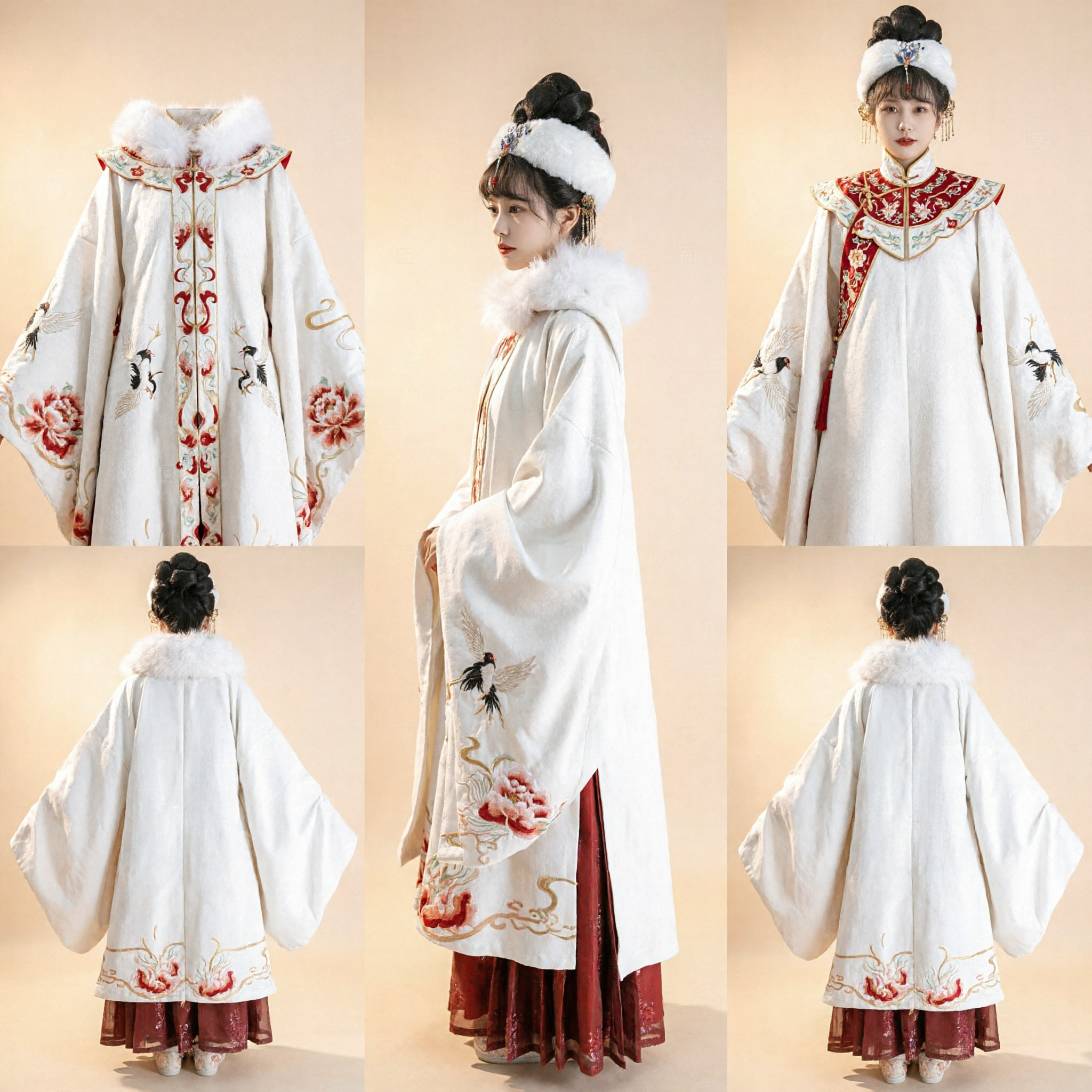 Capa de Invierno Blanca Hanfu Tradicional China con Cuello de Piel y Bordado de Grulla Roja para Mujeres - Asian Costume