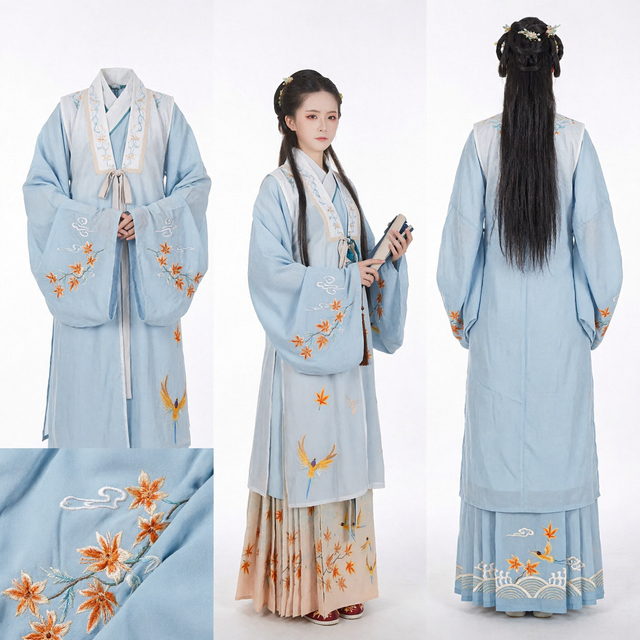 Traditionelles chinesisches Hanfu-Kleid in Blau, bestickt mit Ahornblättern, antikes Kostüm für Frauen-Cosplay und Auftritte - Asian Costume