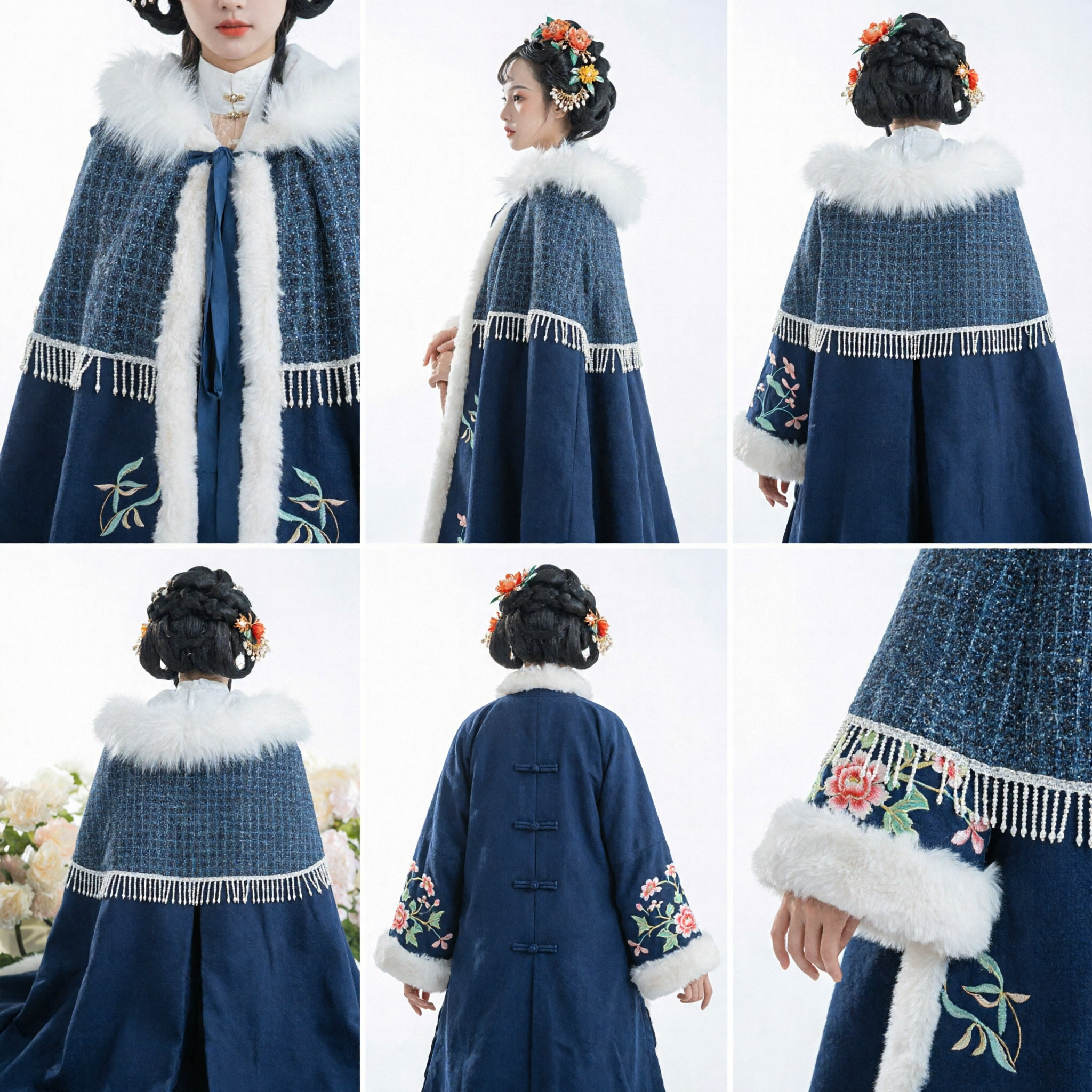 Manteau d'hiver Hanfu chinois traditionnel, cape bleu foncé avec garniture en fourrure, Doupeng brodé, costume ancien pour femmes - Asian Costume
