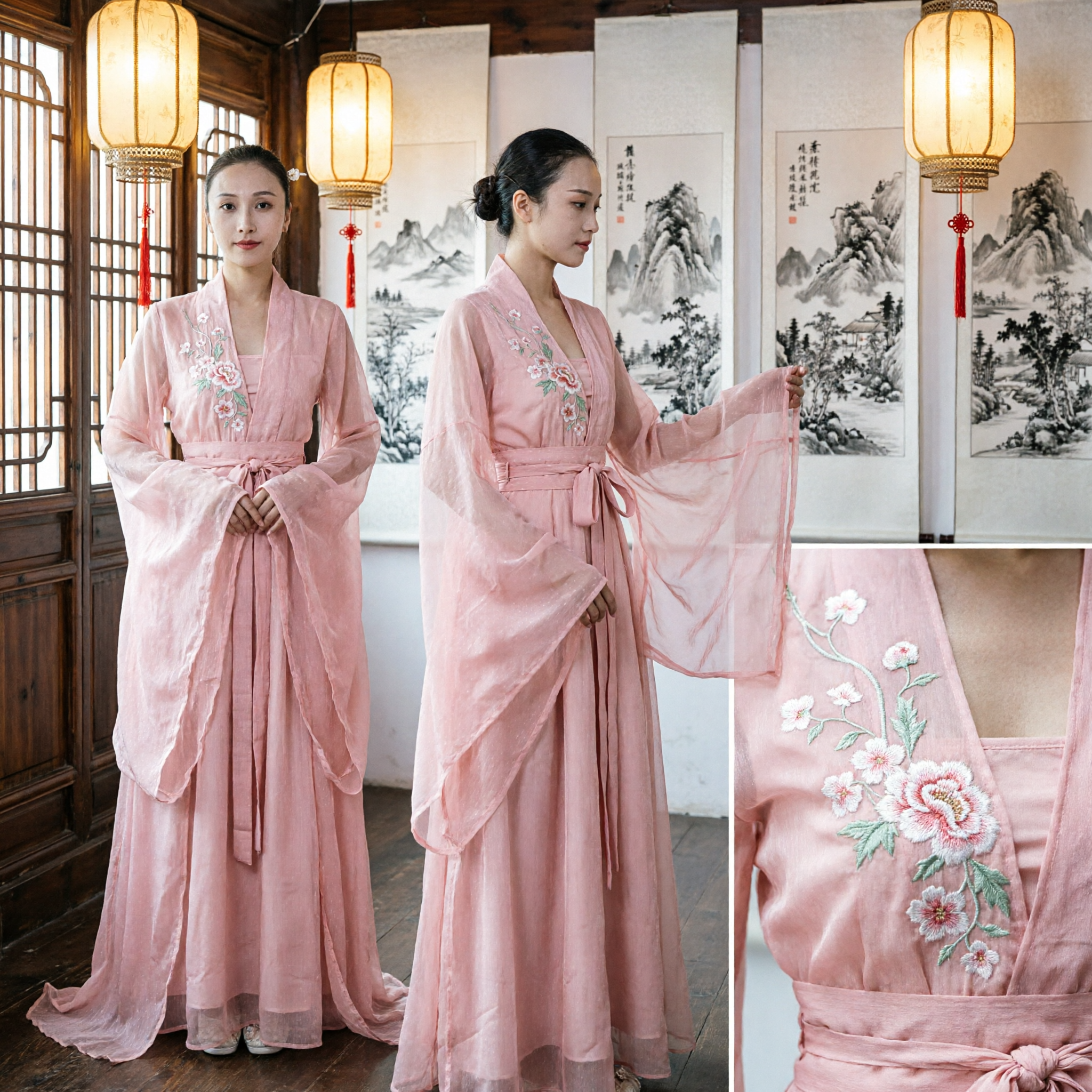 فستان هانفو صيني تقليدي وردي، زي قديم للنساء لعروض الرقص على المسرح، رداء شيفون مطرز - Asian Costume