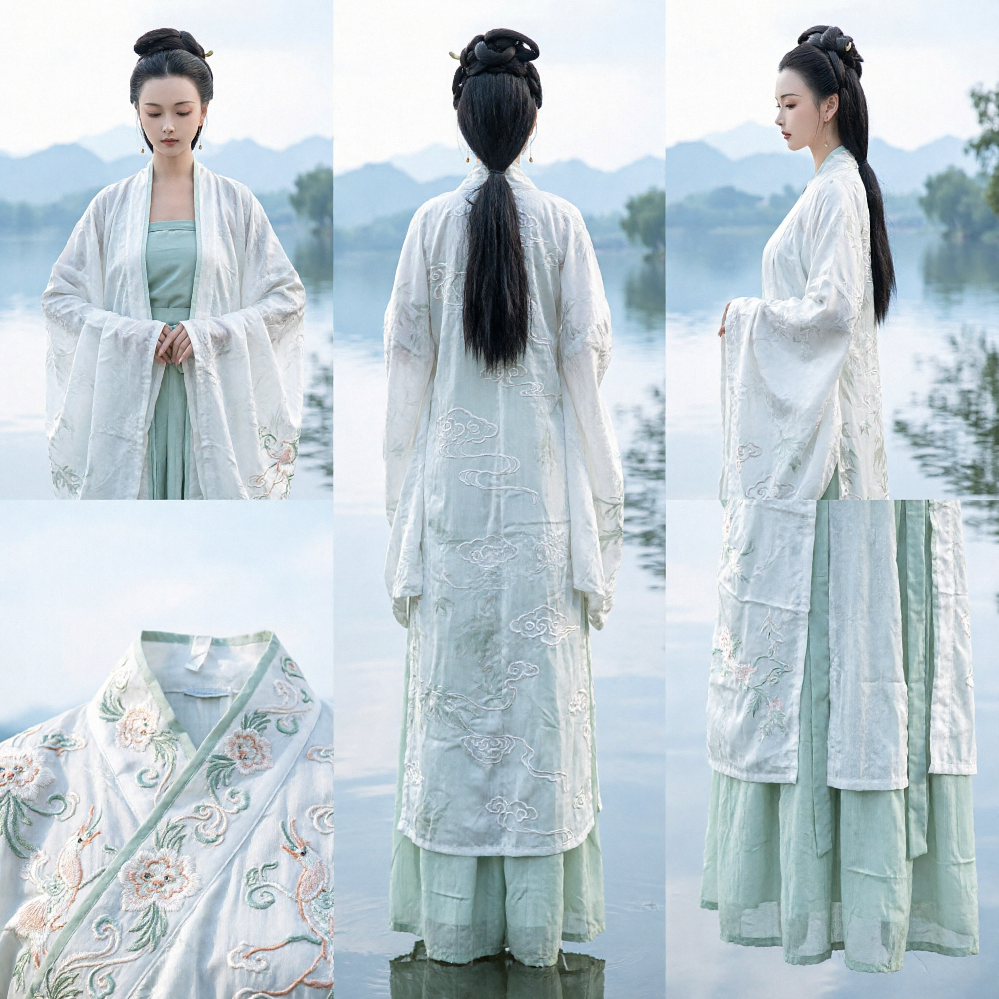 Hanfu Tradicional Chinês, Traje Antigo, Robe Externa Branca e Vestido Verde Menta para Mulheres, Fotografia - Asian Costume