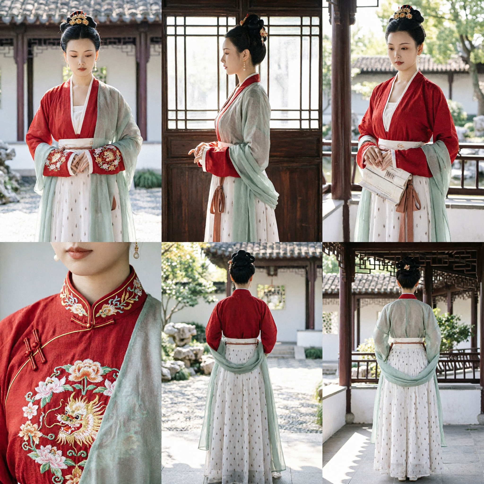 Costume Hanfu Cinese Tradizionale Stile Antico della Dinastia Song Abito per Donne Top Rosso e Gonna Fantasia - Asian Costume