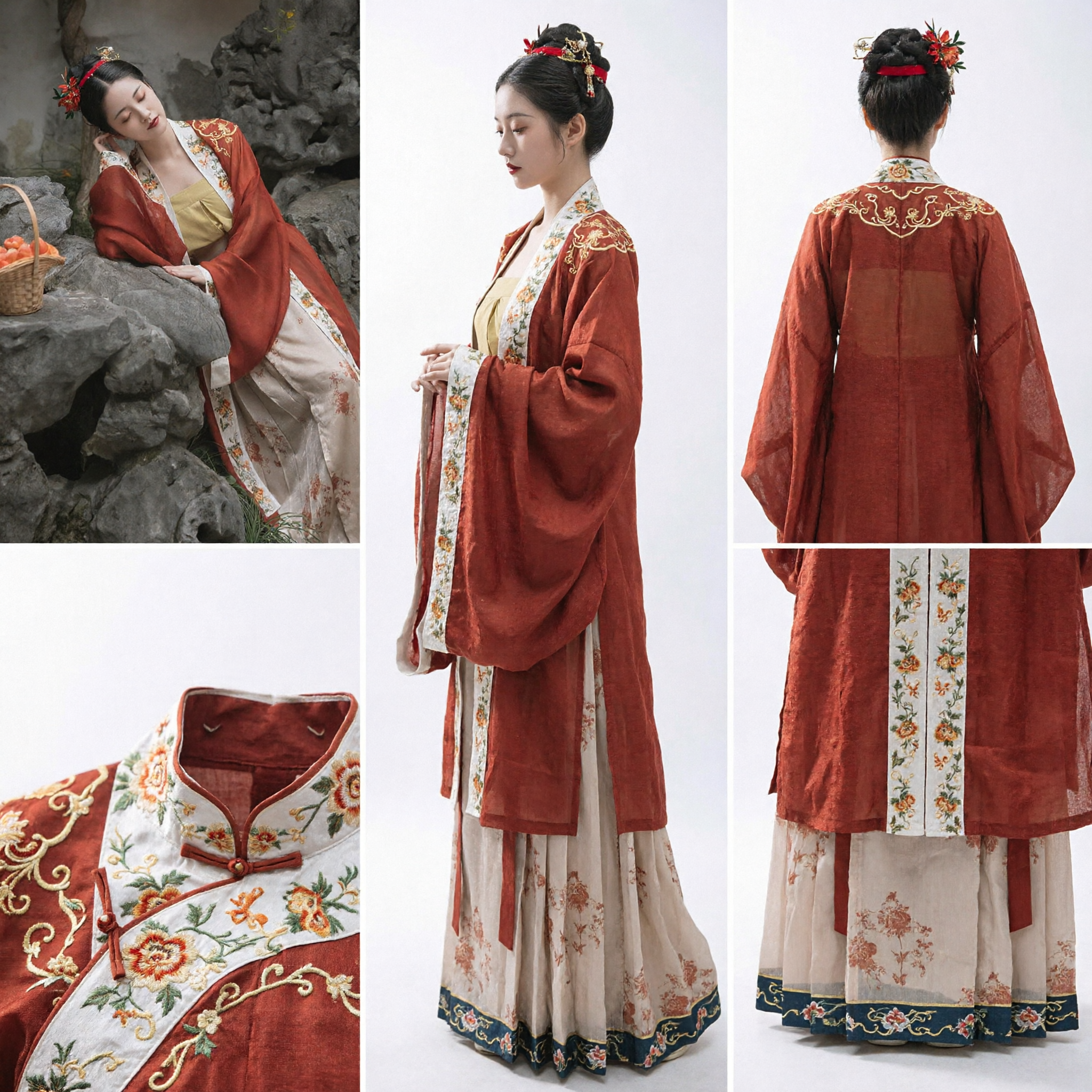 Elegancki chiński strój hanfu dla kobiet, antyczna czerwona kwiatowa szata, tradycyjny komplet sukienek do fotografii i wydarzeń - Asian Costume