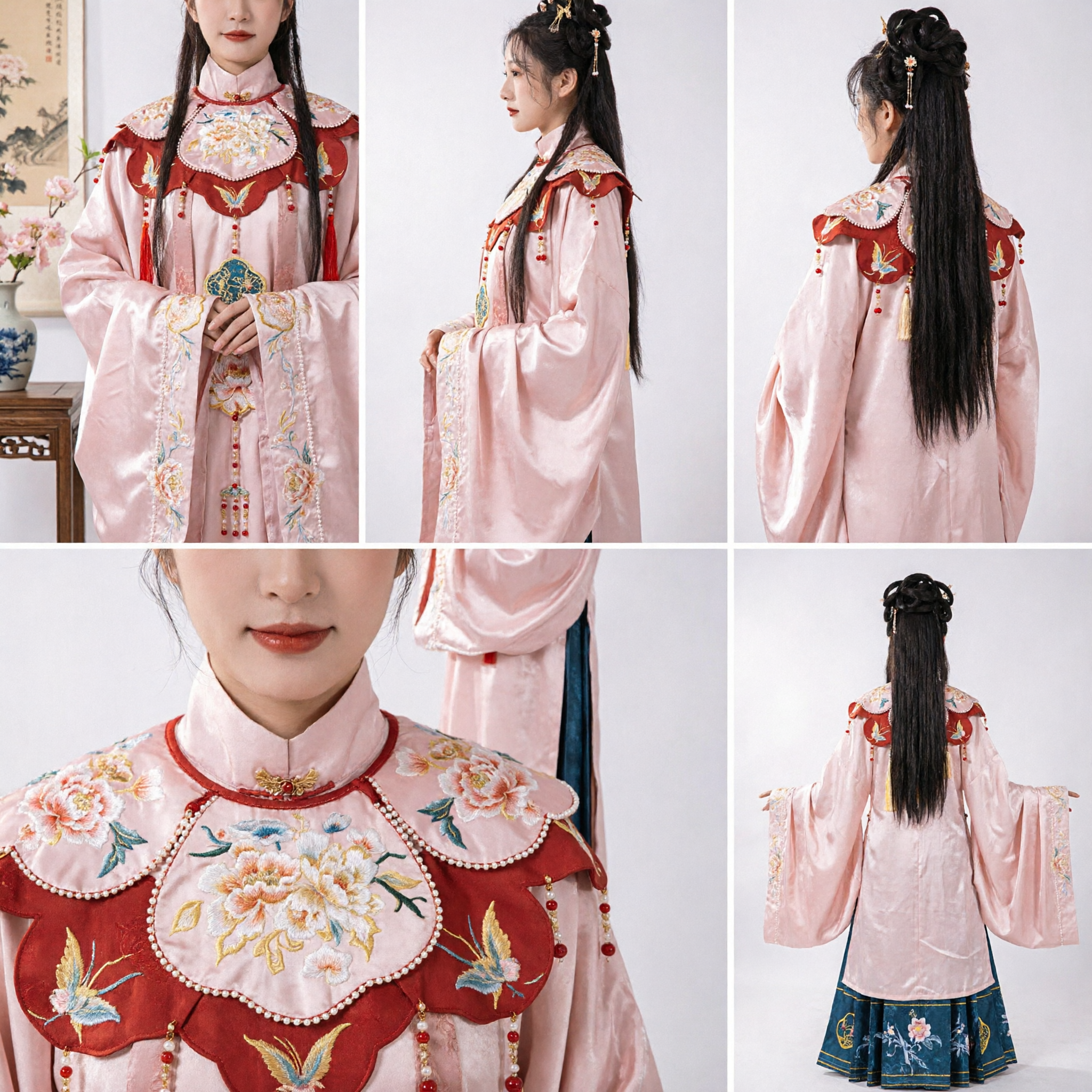 Tradycyjny chiński hanfu z dynastii Ming, różowa haftowana bluzka z czerwoną chmurową kryzą i niebieską plisowaną spódnicą, komplet - Asian Costume