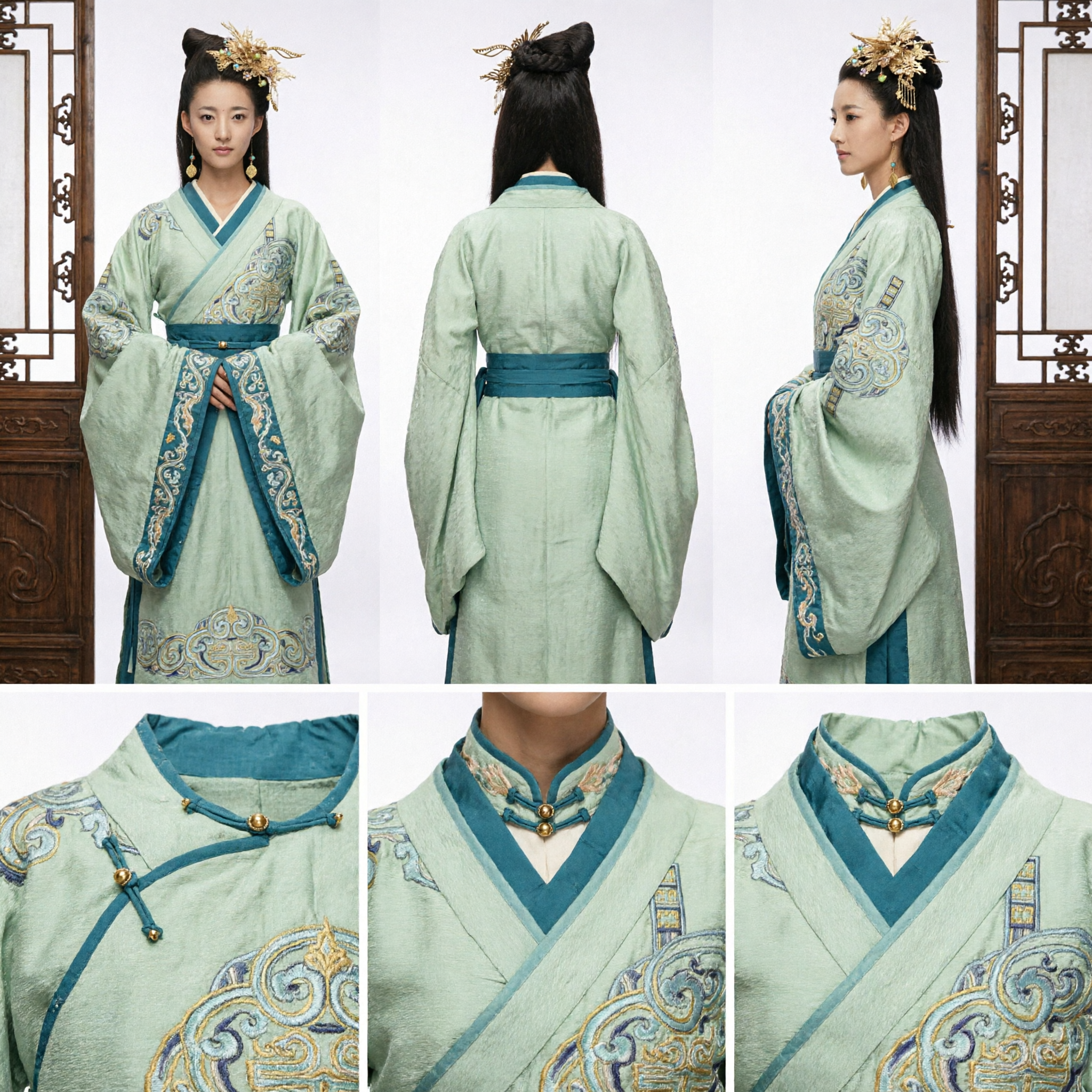고대 중국 공주 헤어 가발 (금색 비녀와 진주 장식) (한푸 코스프레, 시대극용) - Asian Costume