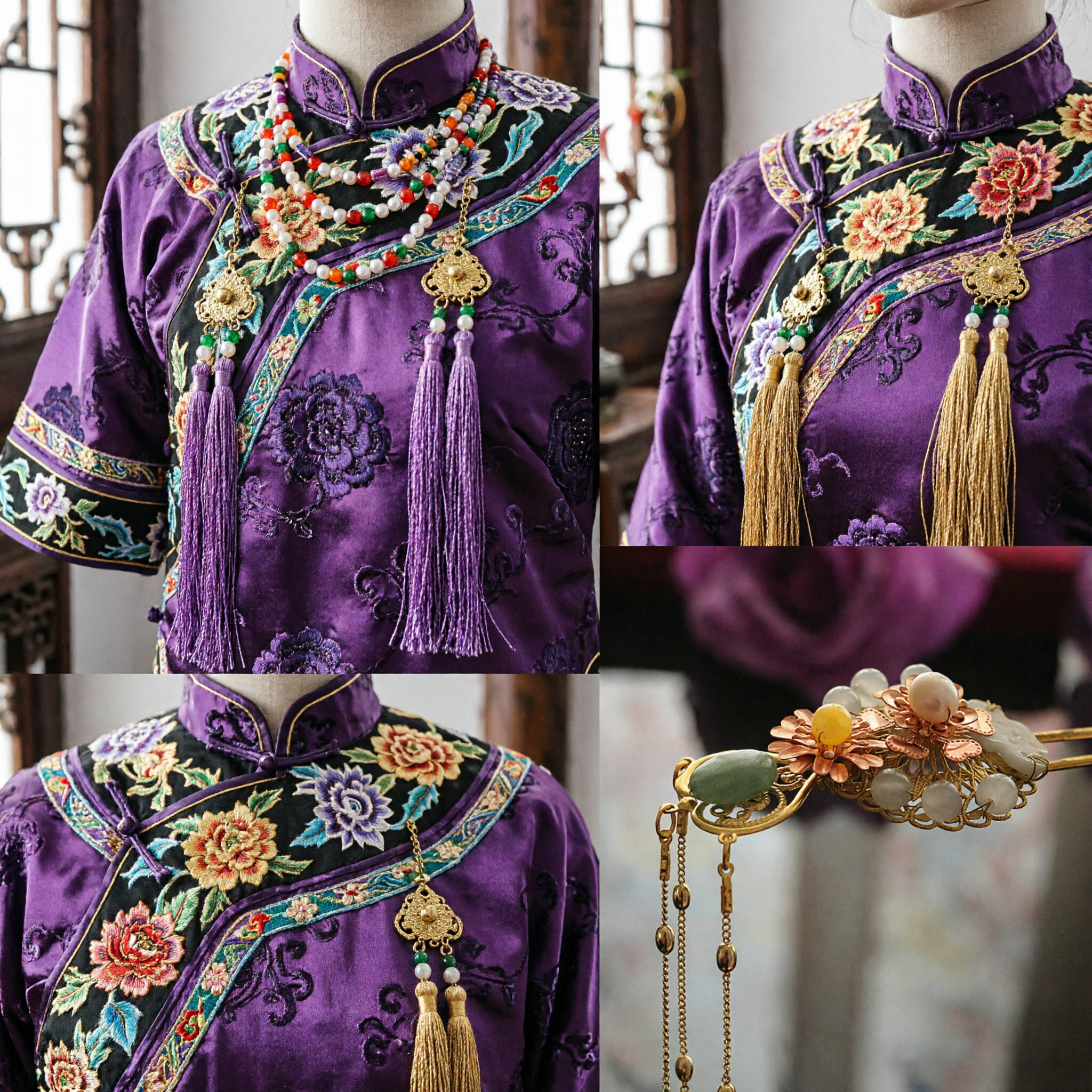 Tradycyjna chińska złota szpilka do włosów z filigranem i kwiatami, z jadeitem i perłami, do ślubnego Hanfu dla panny młodej - Asian Costume