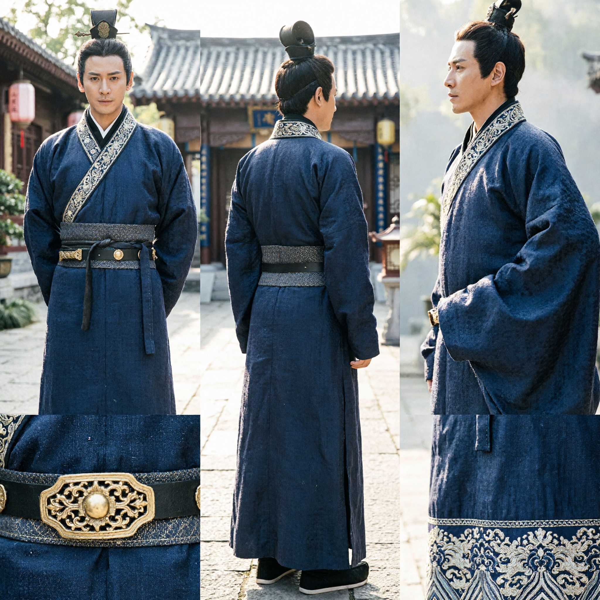 Traditionelles antikes chinesisches Hanfu-Kostüm für Herren, blaues Kreuzkragen-Roben-Outfit für Historienfilme und Cosplay - Asian Costume