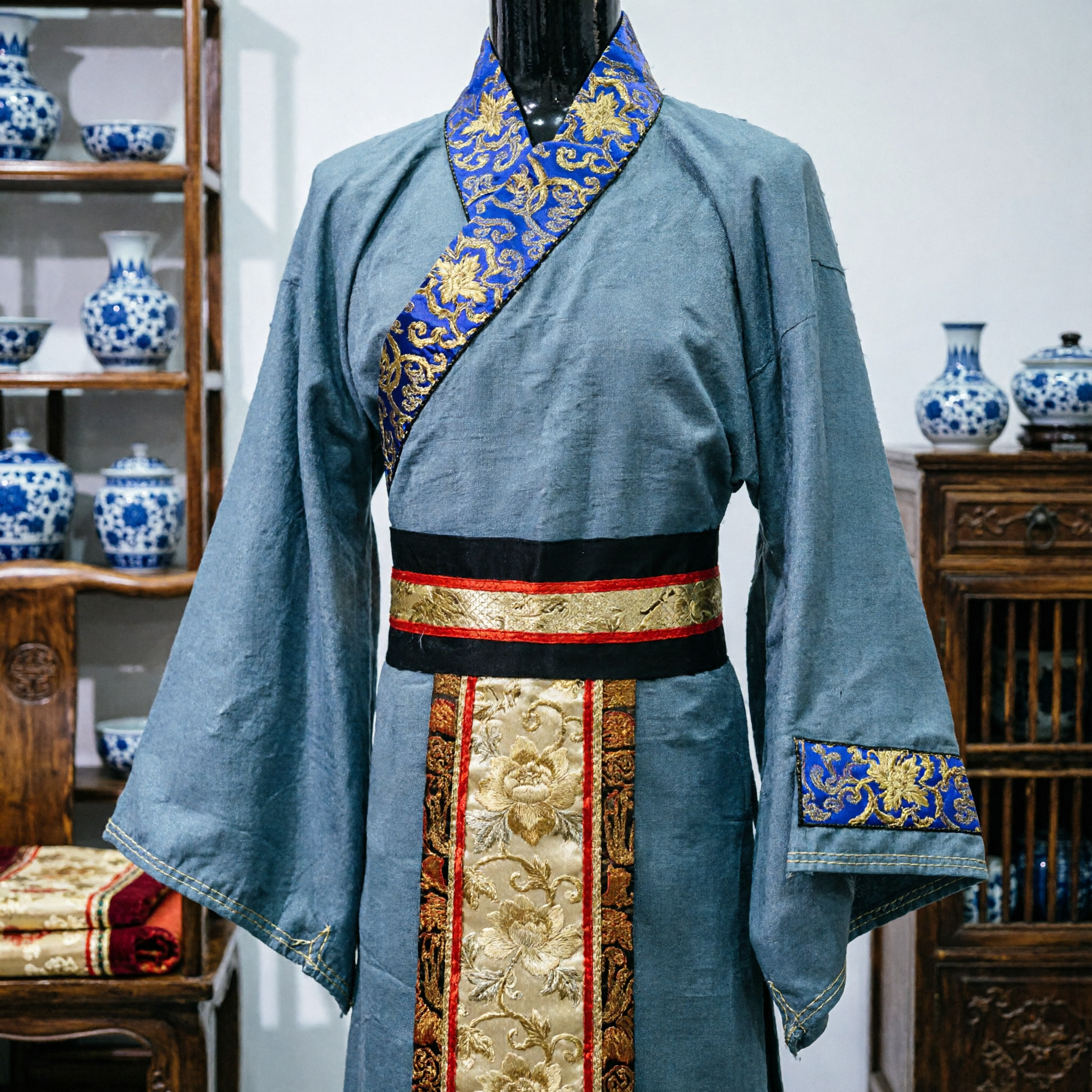 Costume Hanfu Uomo Antico Cinese, Tunica Grigia Tradizionale con Collo Ricamato Blu per Drammi Storici - Asian Costume