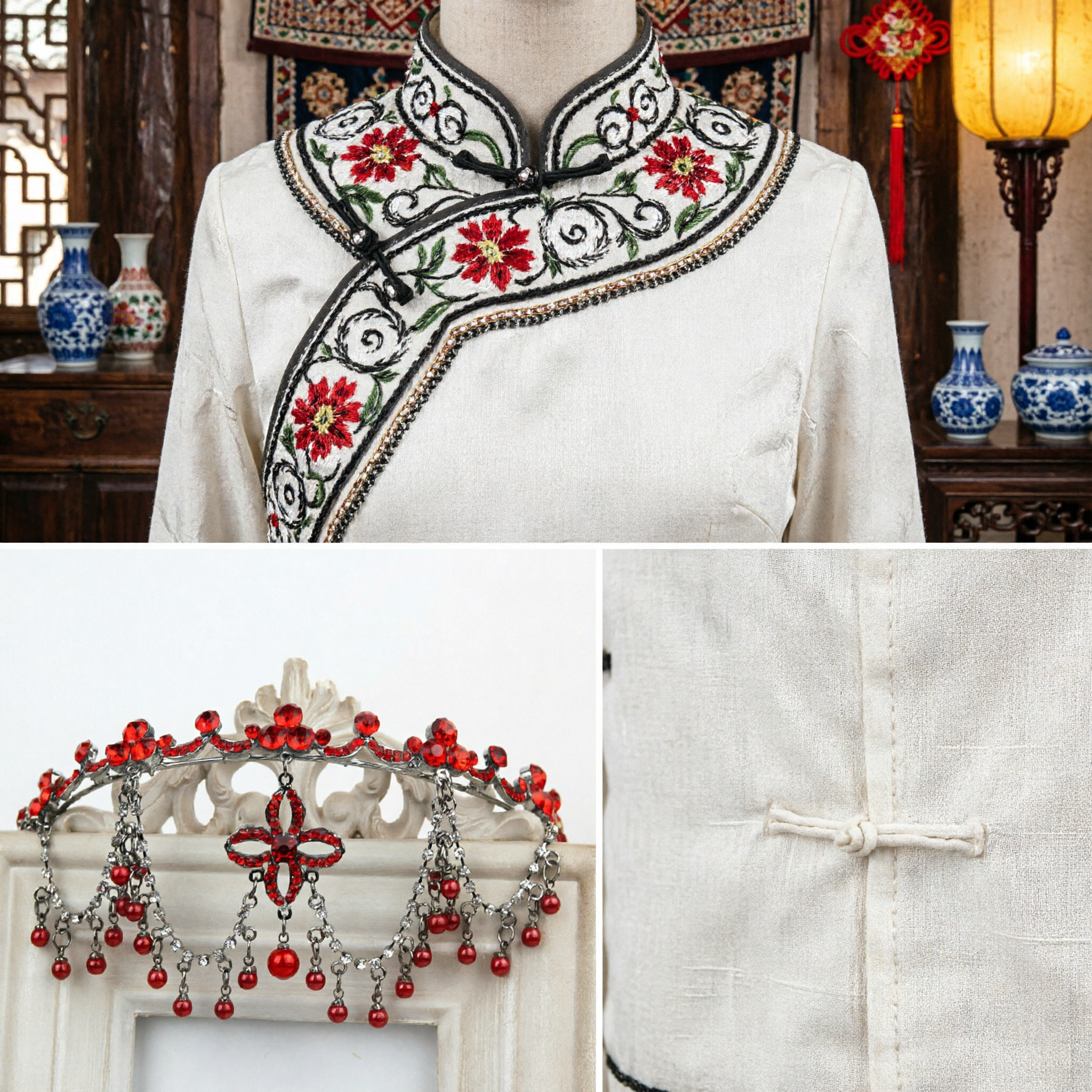 Królewska czerwona tiara z kryształami, ślubna biżuteria do włosów w stylu barokowym z wiszącymi koralikami dla kobiet - Asian Costume