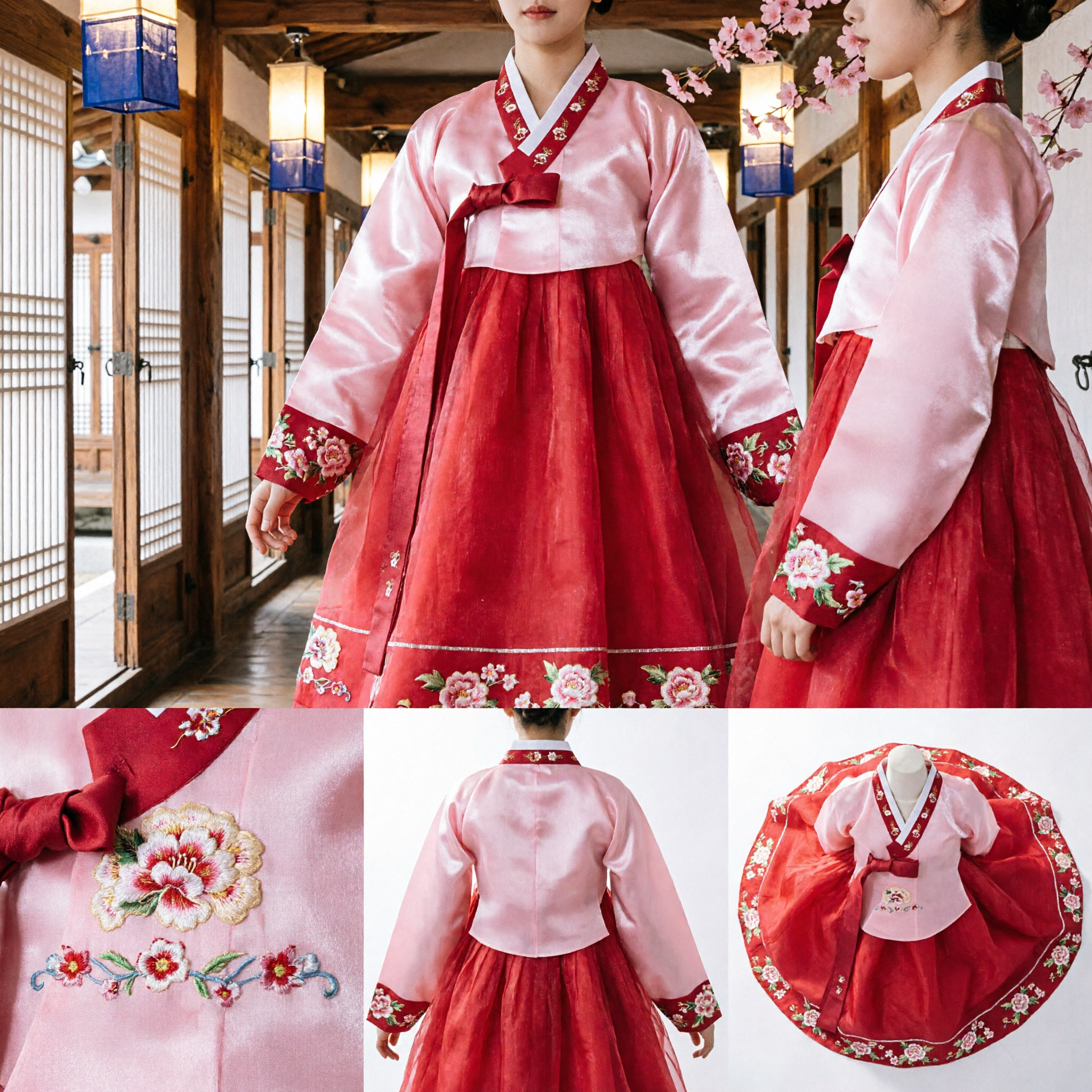 전통 한국 한복 세트 핑크 저고리 빨간 치마 정장 드레스 (여성 웨딩, 파티, 기념식용) - Asian Costume