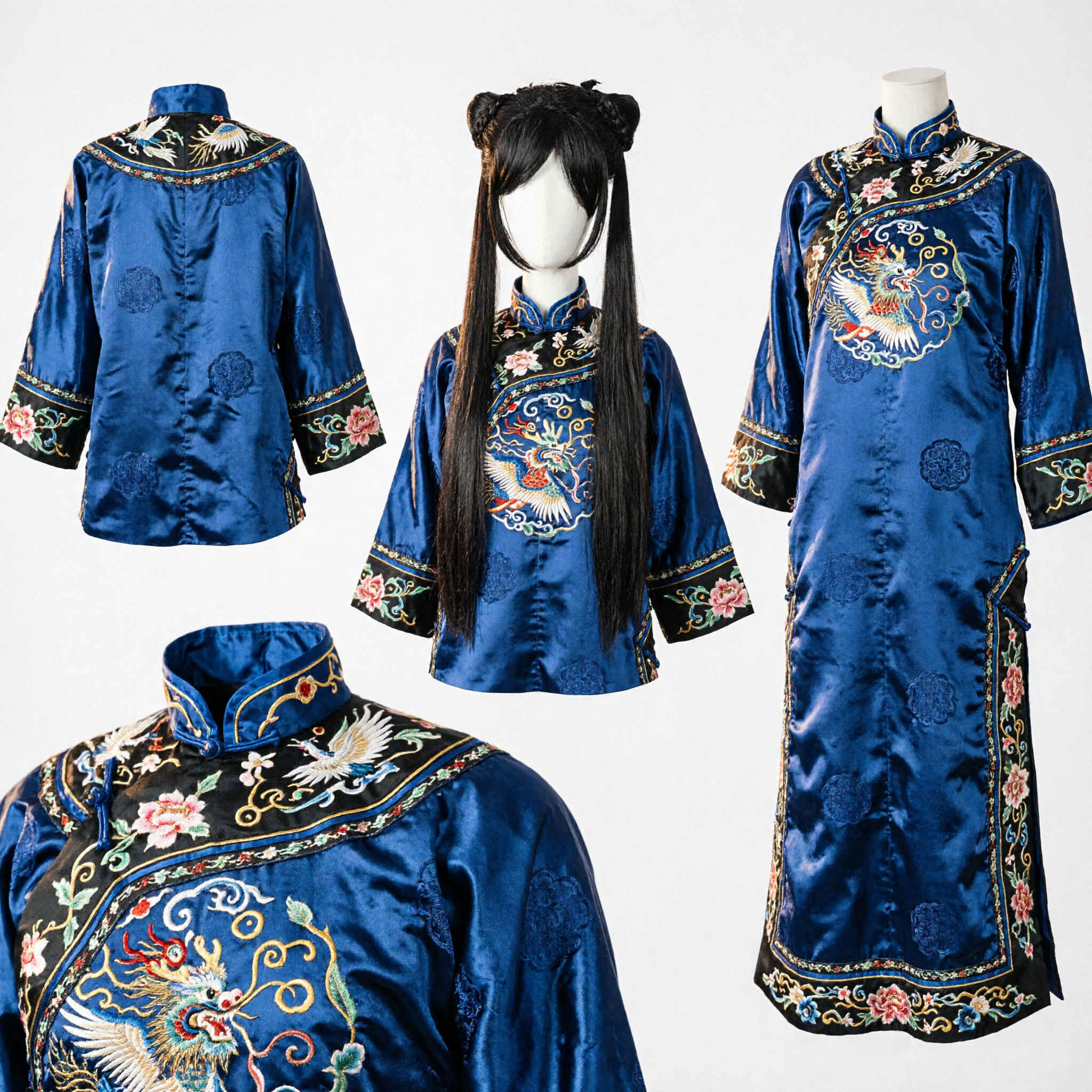Traditionelle antike chinesische Hanfu-Perücke, langes schwarzes glattes Haar mit geflochtenen Duttbällen für Cosplay-Kostüme - Asian Costume