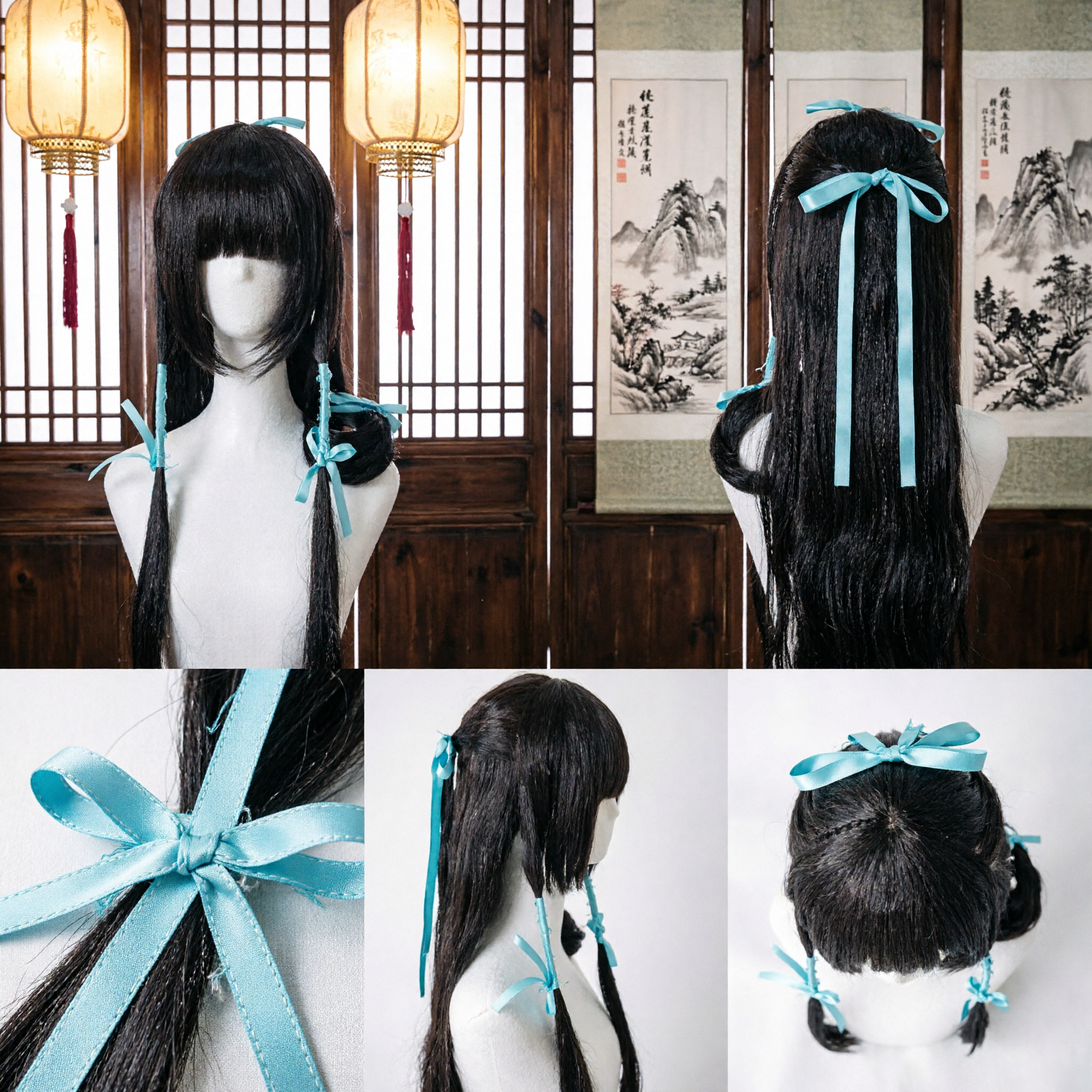 Perruque de cosplay longue et raide brun foncé avec accents de ruban bleu pour fêtes costumées d'anime et Halloween - Asian Costume