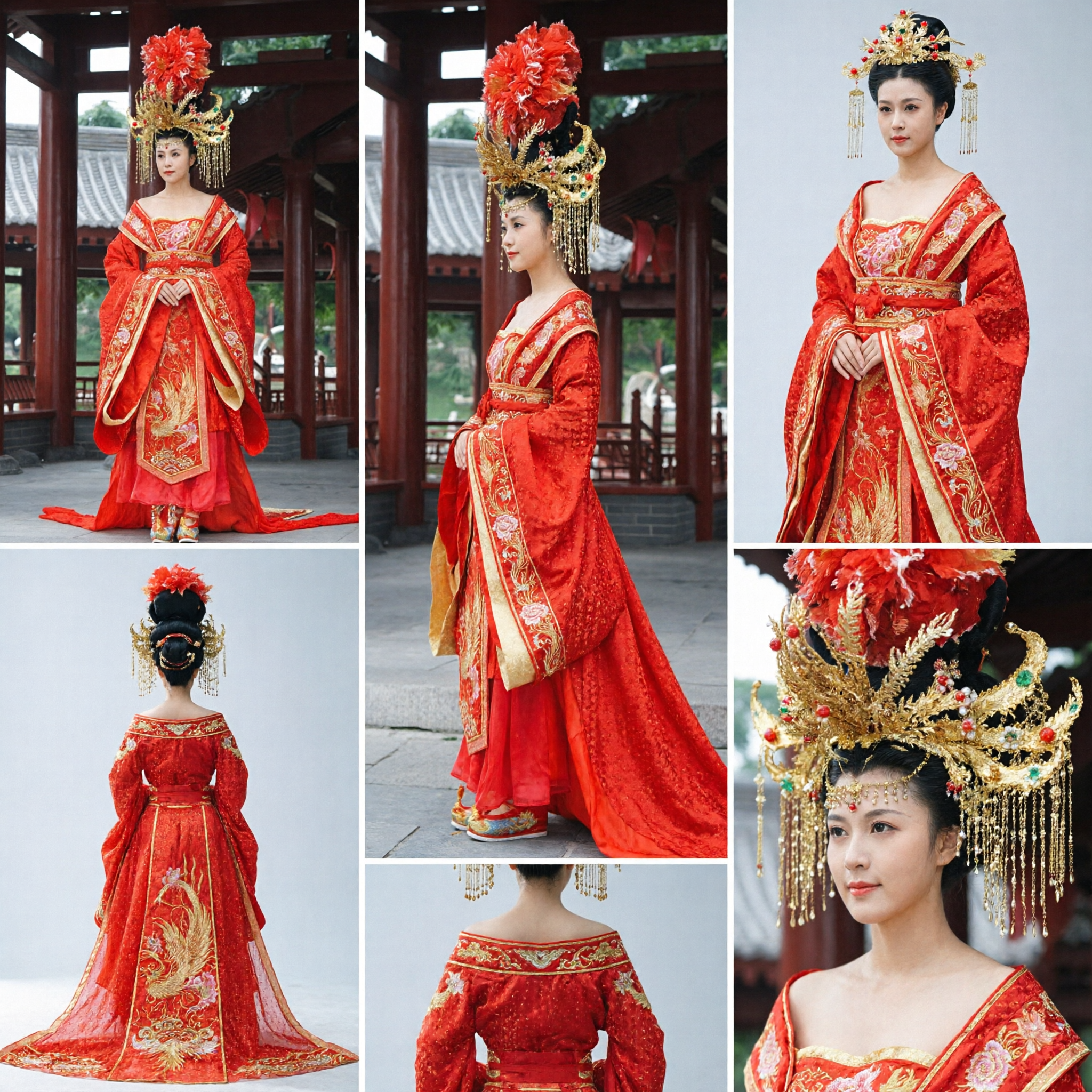 Traditioneel Chinese Tang-dynastie Rode Trouwjurk Hanfu-japon met Goudborduursel en Fenikskroon Set - Asian Costume