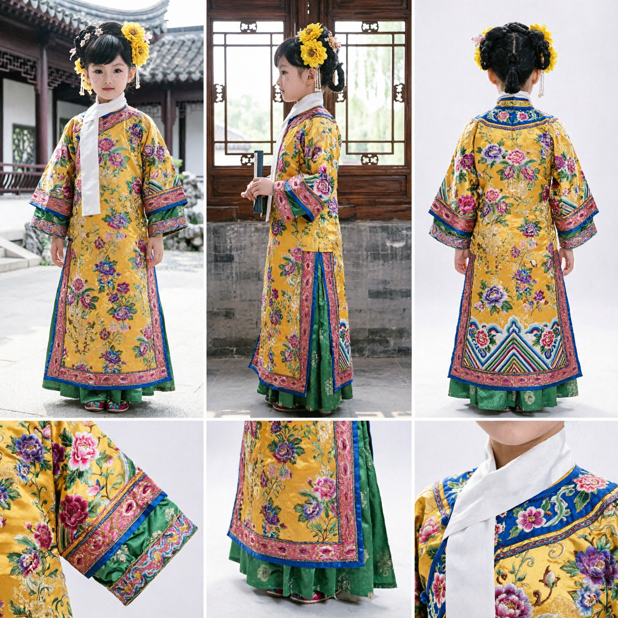 Costume traditionnel chinois de princesse de la dynastie Qing Robe à broderie florale jaune pour filles enfants Performance - Asian Costume