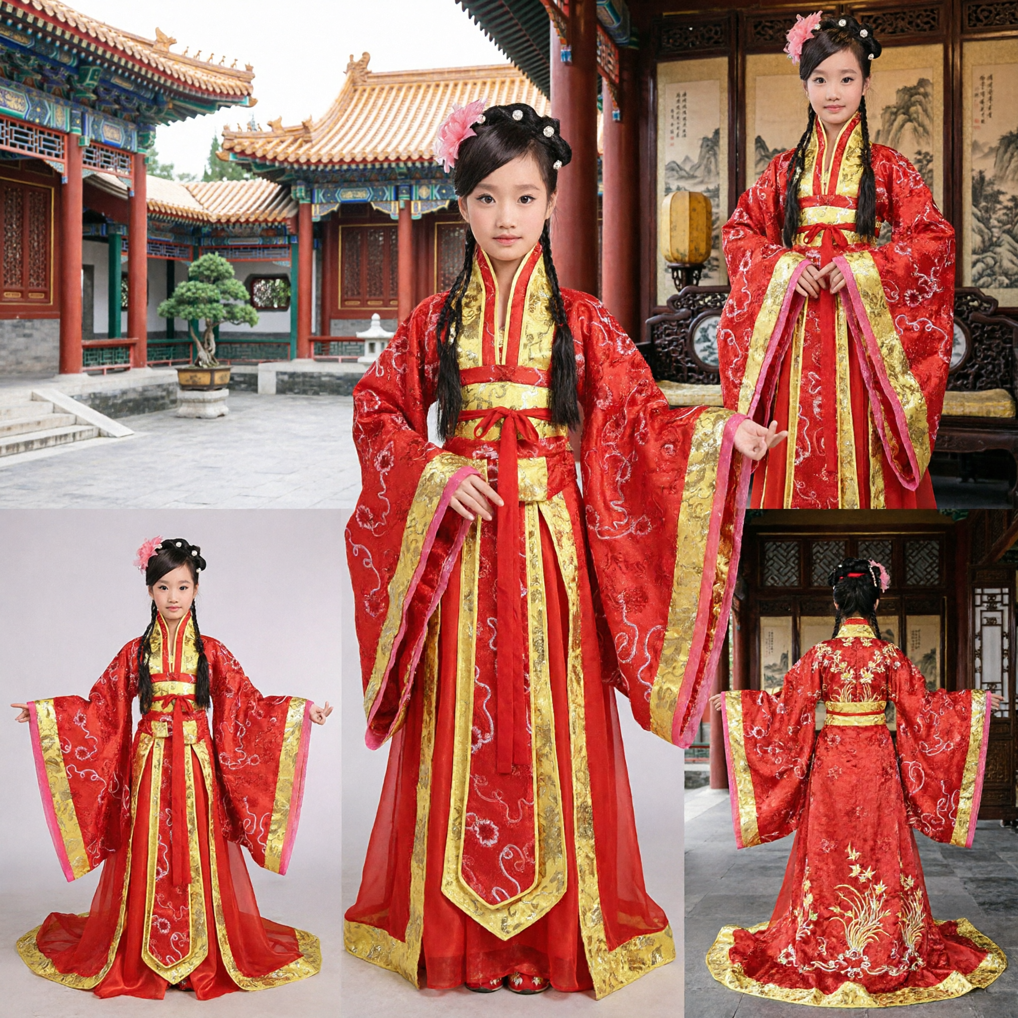 Traje Hanfu Tradicional Chinês para Crianças, Vestido Antigo de Princesa Vermelho e Dourado para Meninas Performance no Palco - Asian Costume