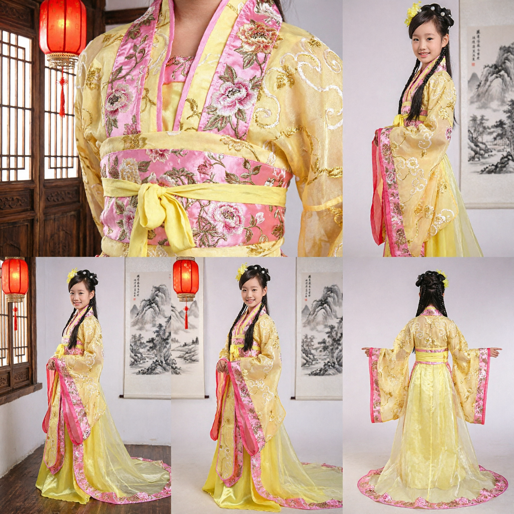 Costume Tradizionale Cinese Hanfu Ricamato Giallo e Rosa per Bambine, Abito Antico da Principessa per Travestimenti e Spettacoli - Asian Costume