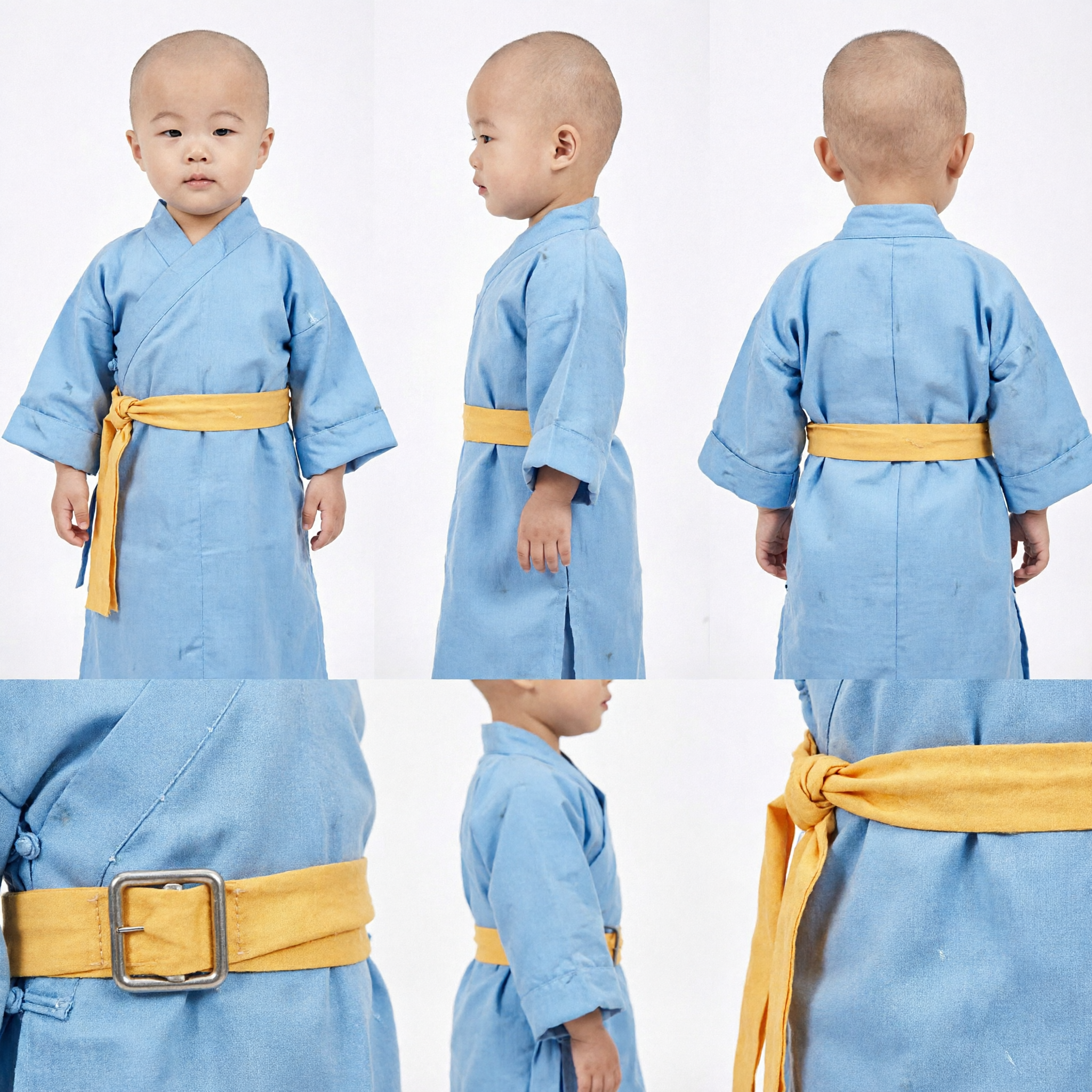 Traje de Monje Pequeño Tradicional Chino, Túnica Hanfu Azul con Cuentas de Oración para Sesiones de Fotos de Niños - Asian Costume