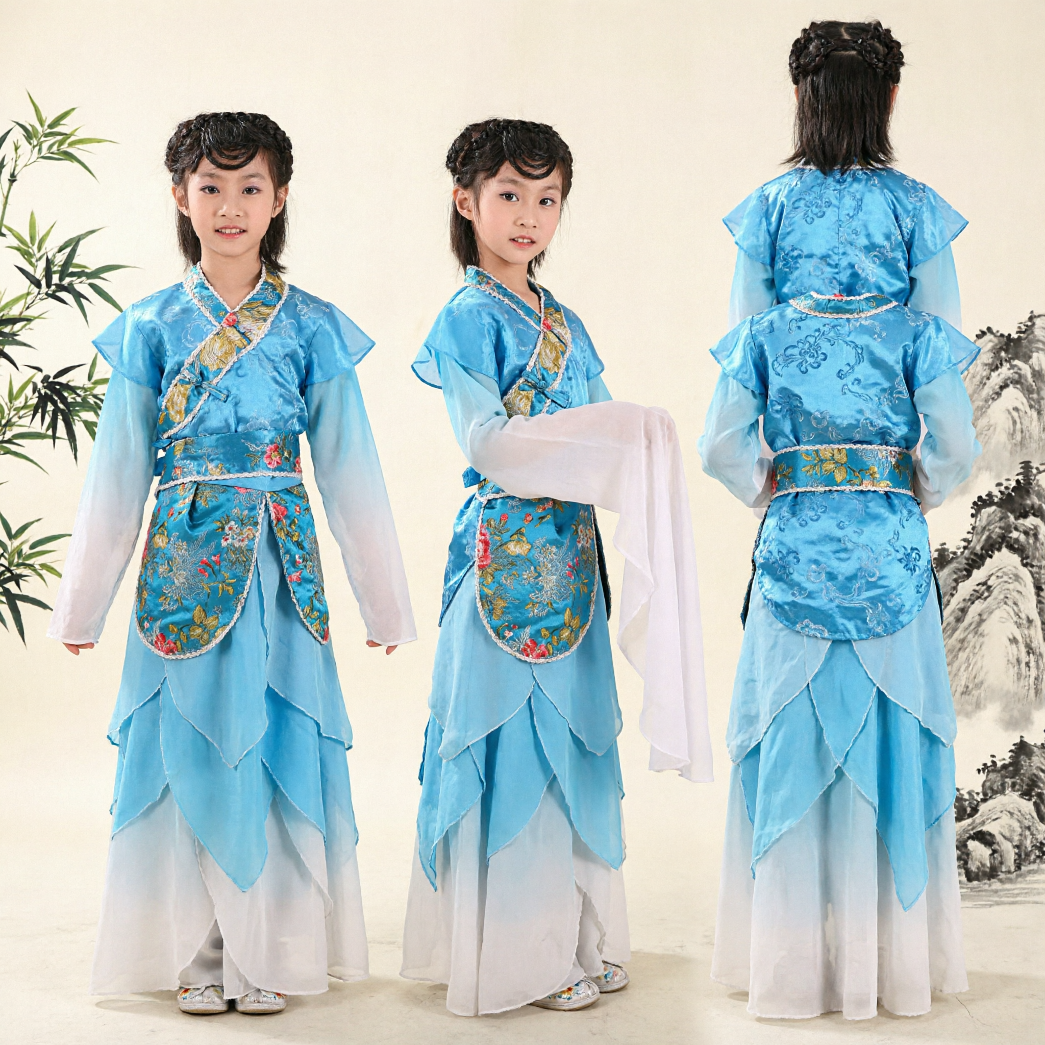 Kinderen Blauw Chinese Opera Kostuum Traditionele Watermouwjurk Meisjes Podiumoptreden Outfit - Asian Costume